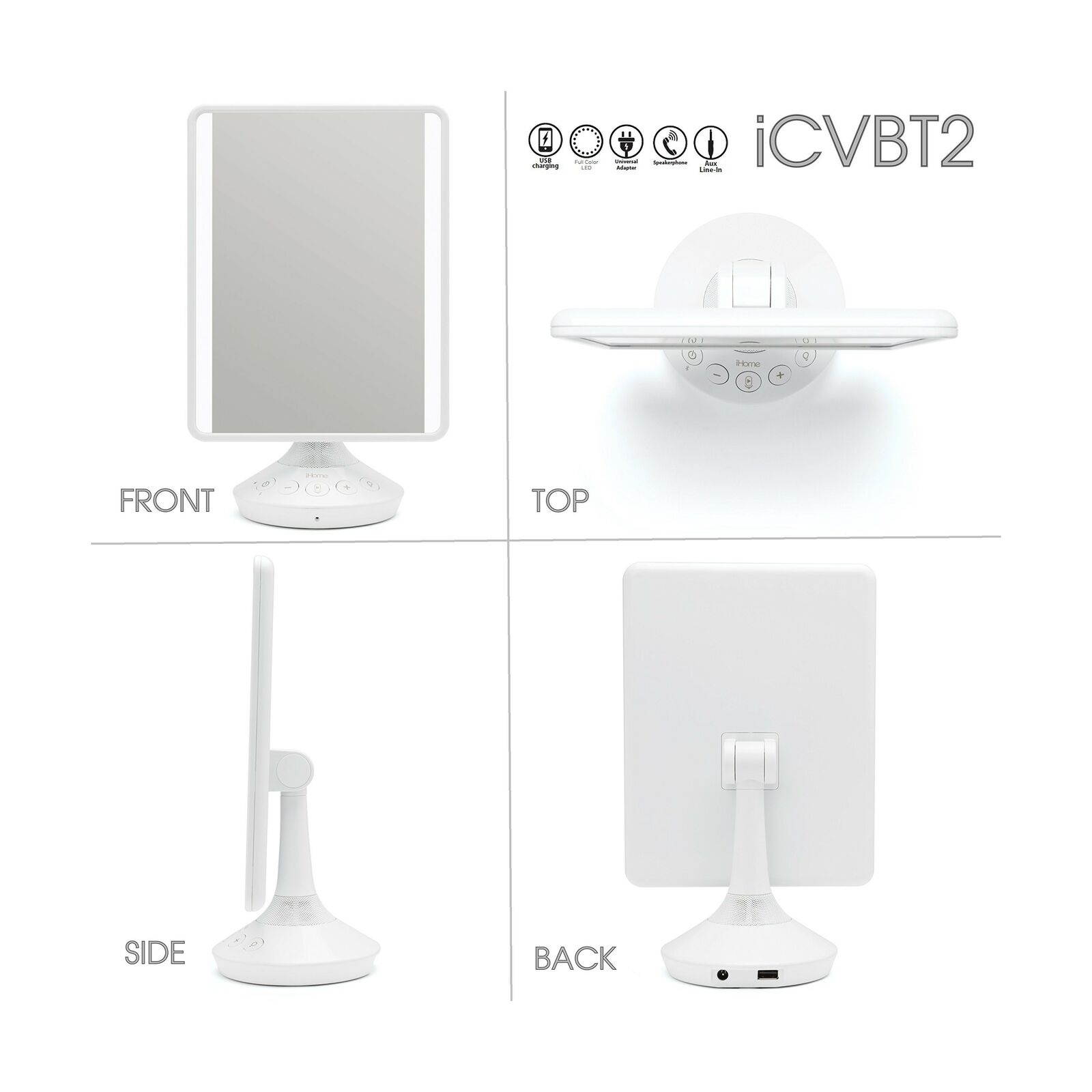 iHome 7" x 9" Reflect iCVBT2 Adjustable Vanity Mirror with Bluetooth Audio, H...