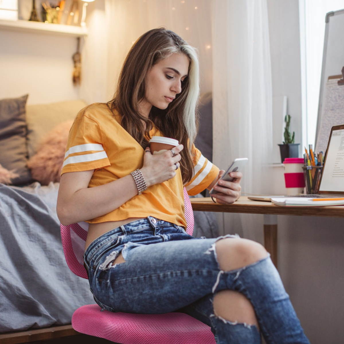 Costway Mesh Office Chair Low-Back Armless Computer Desk Chair Adjustable Height Pink