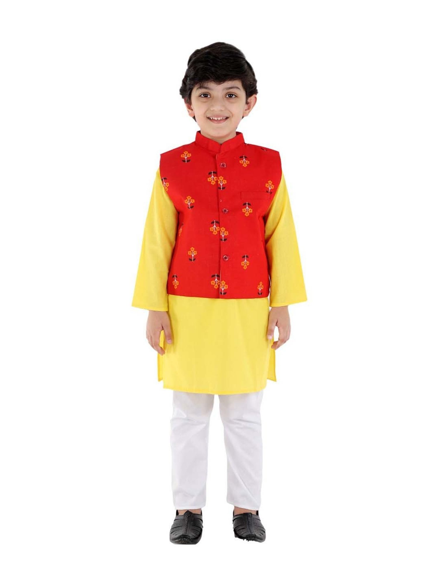 Ahhaaaa Kids Red & Yellow Cotton Floral Print Kurta Set