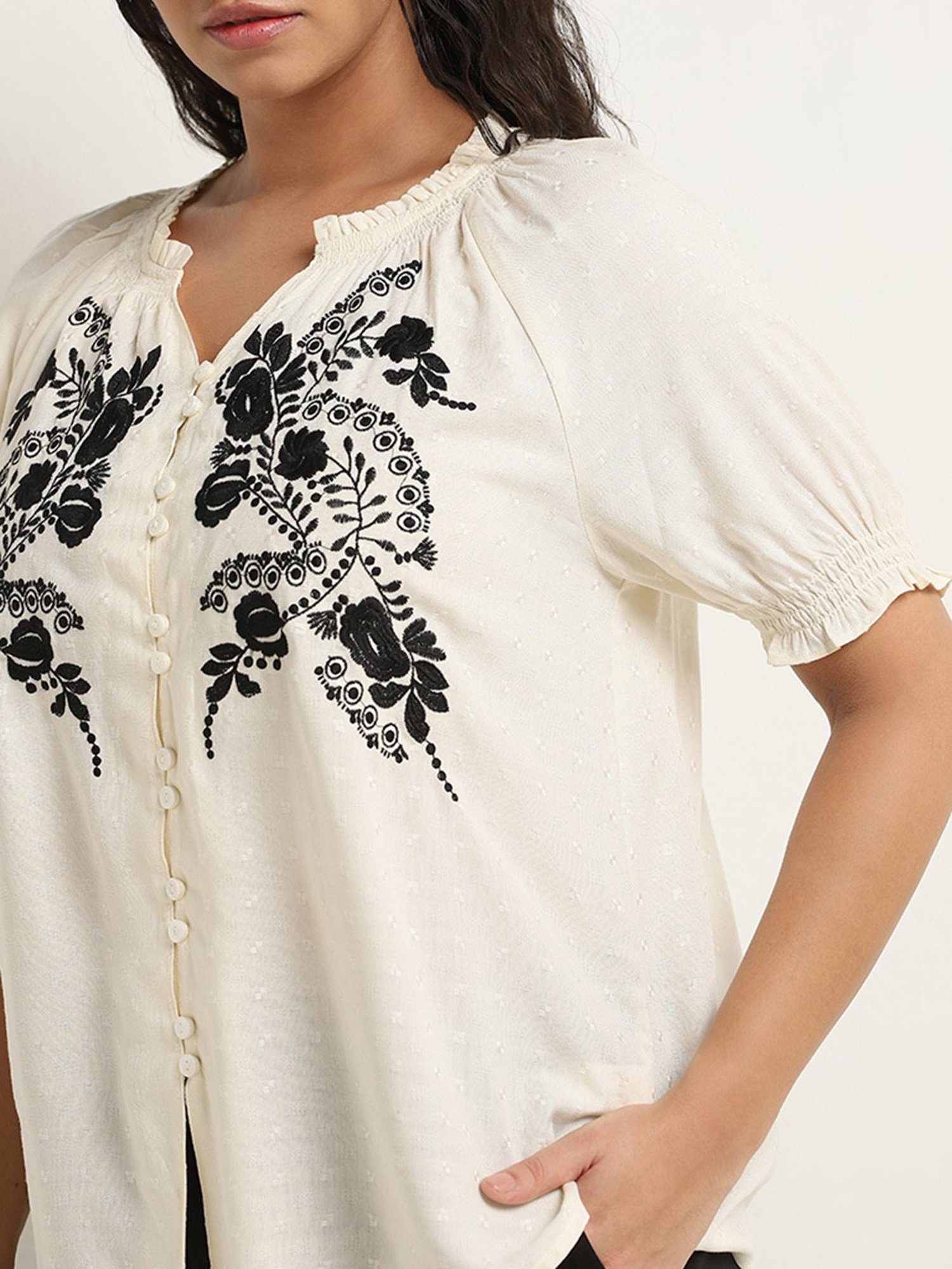 Gia by Westside Off-White Floral Embroidered Blouse