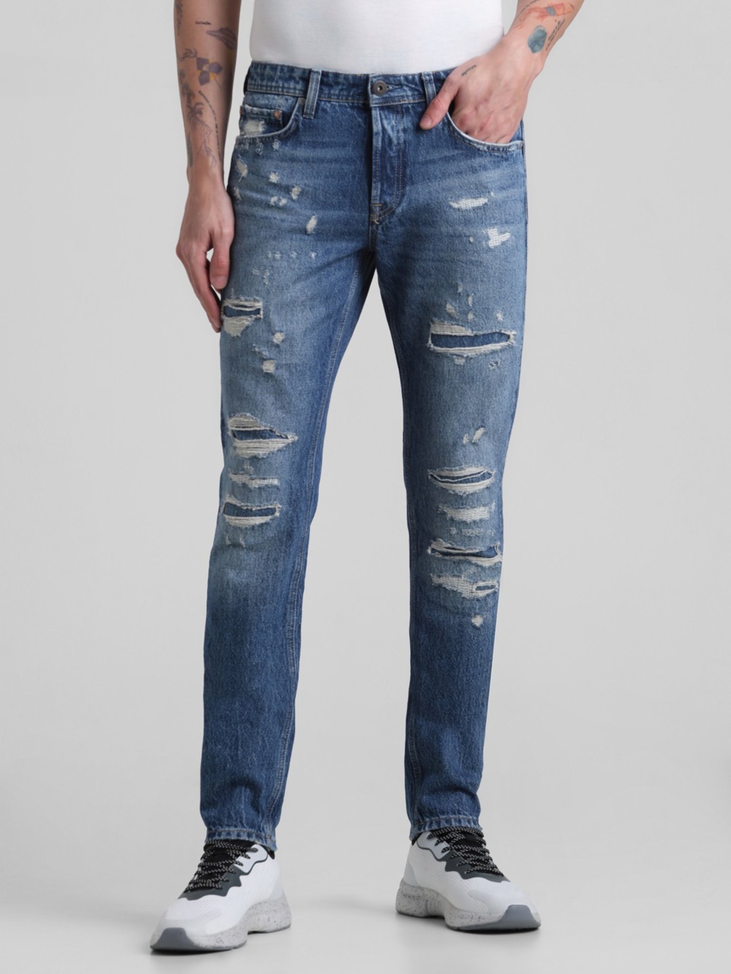 Jack & Jones Dark Blue Denim Cotton Slim Fit Distressed Jeans
