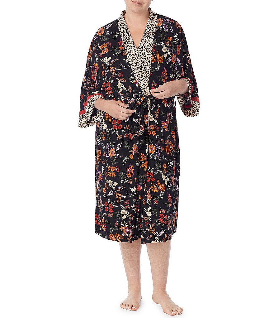 Kensie Plus Floral & Paisley Print Woven Long Wrap 3/4 Sleeve Robe