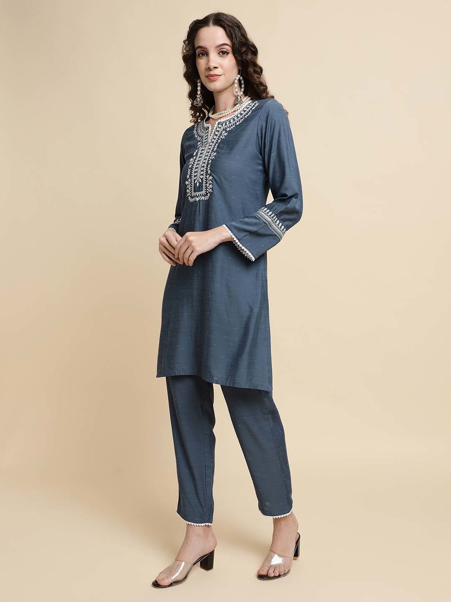 Sringam Blue Embroidered Kurti Pant Set