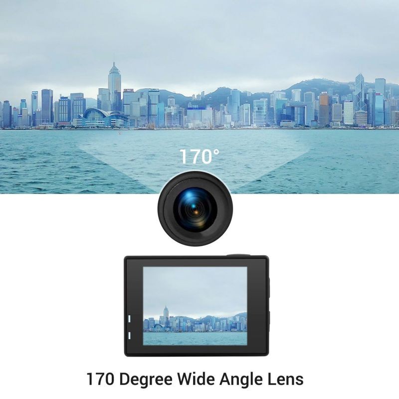 Sports Action Camera 4K 60FPS 2-inch HD Screen Underwater 30m 170 Degree Wide Angle Extended Memory with Waterproof Shell Built-in Li-ion Battery