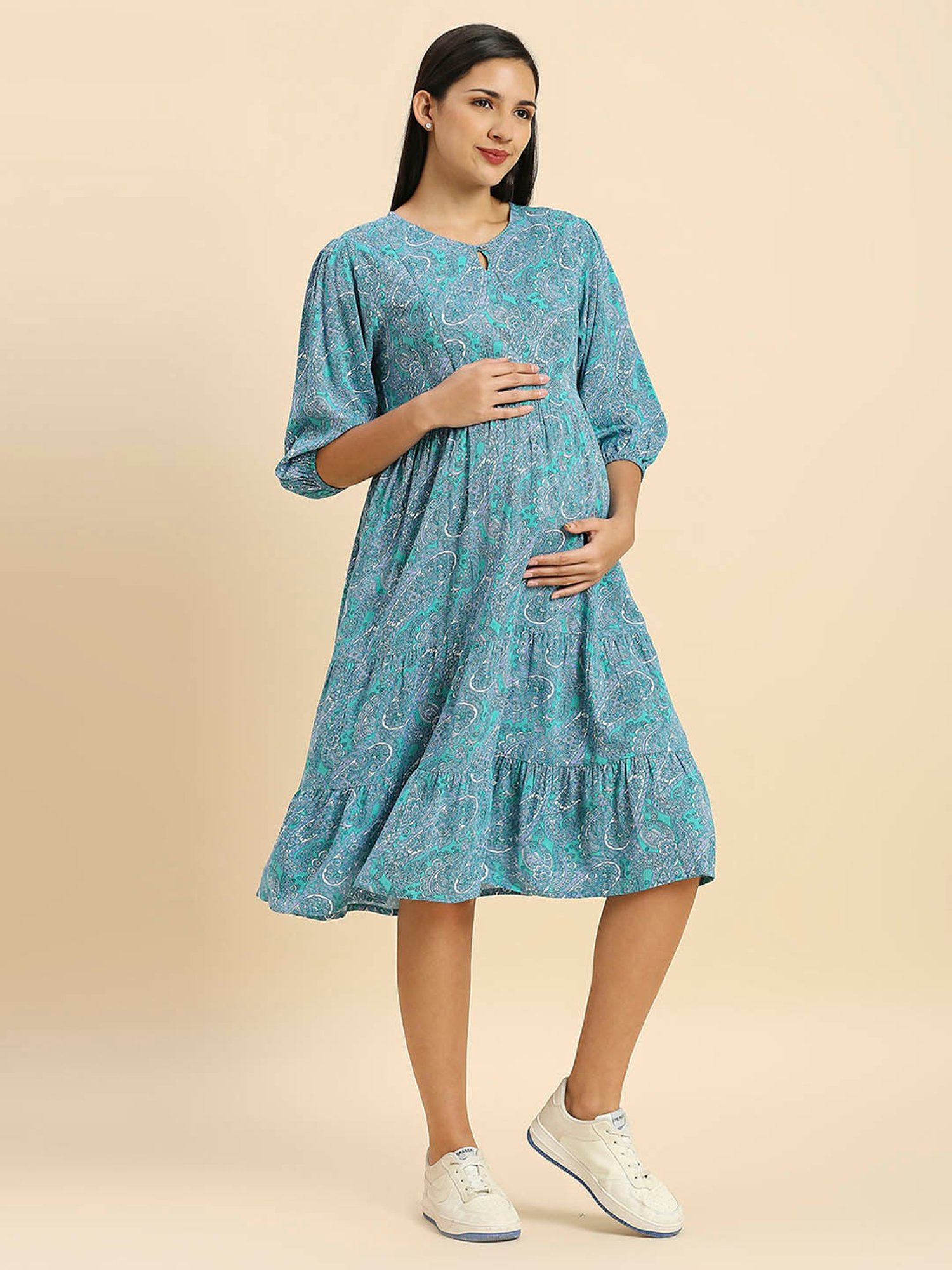 MomToBe Green Rayon Printed Maternity Midi Dress