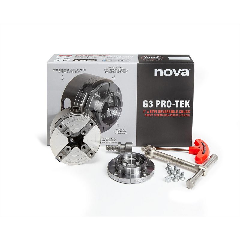 NOVA 48291 12-Piece PRO-TEK G3 1 in x 8 TPI Direct Thread Wood Turning Chuck and Jaw Set