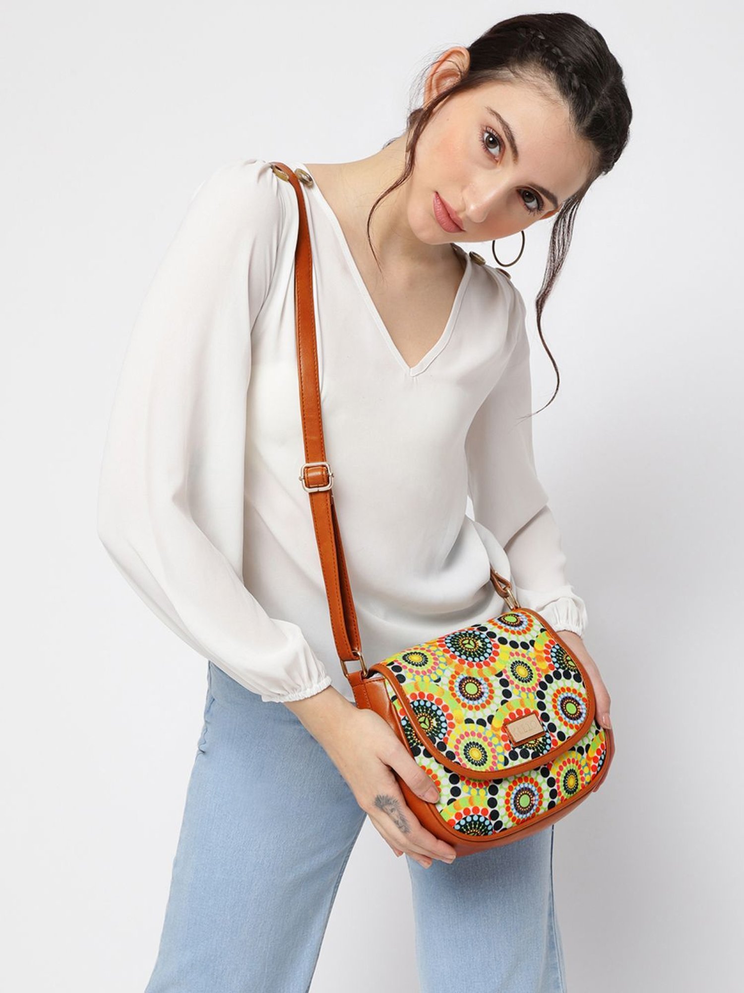 KLEIO Tan Printed Medium Sling Handbag