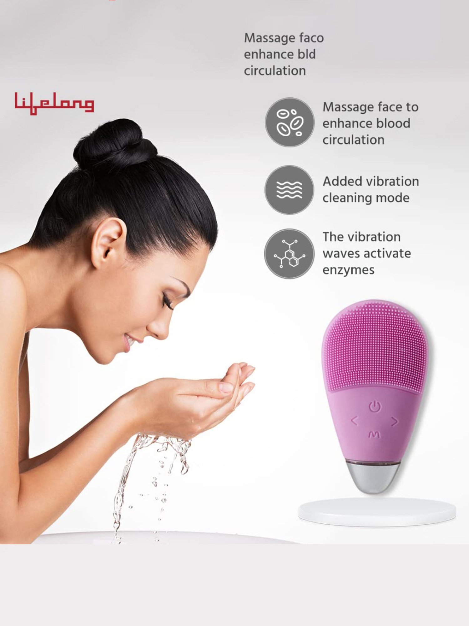 Lifelong LLM342 Facial Cleansing Massager Brush, Rechargeable Electric Handheld Face Massager (Pink)