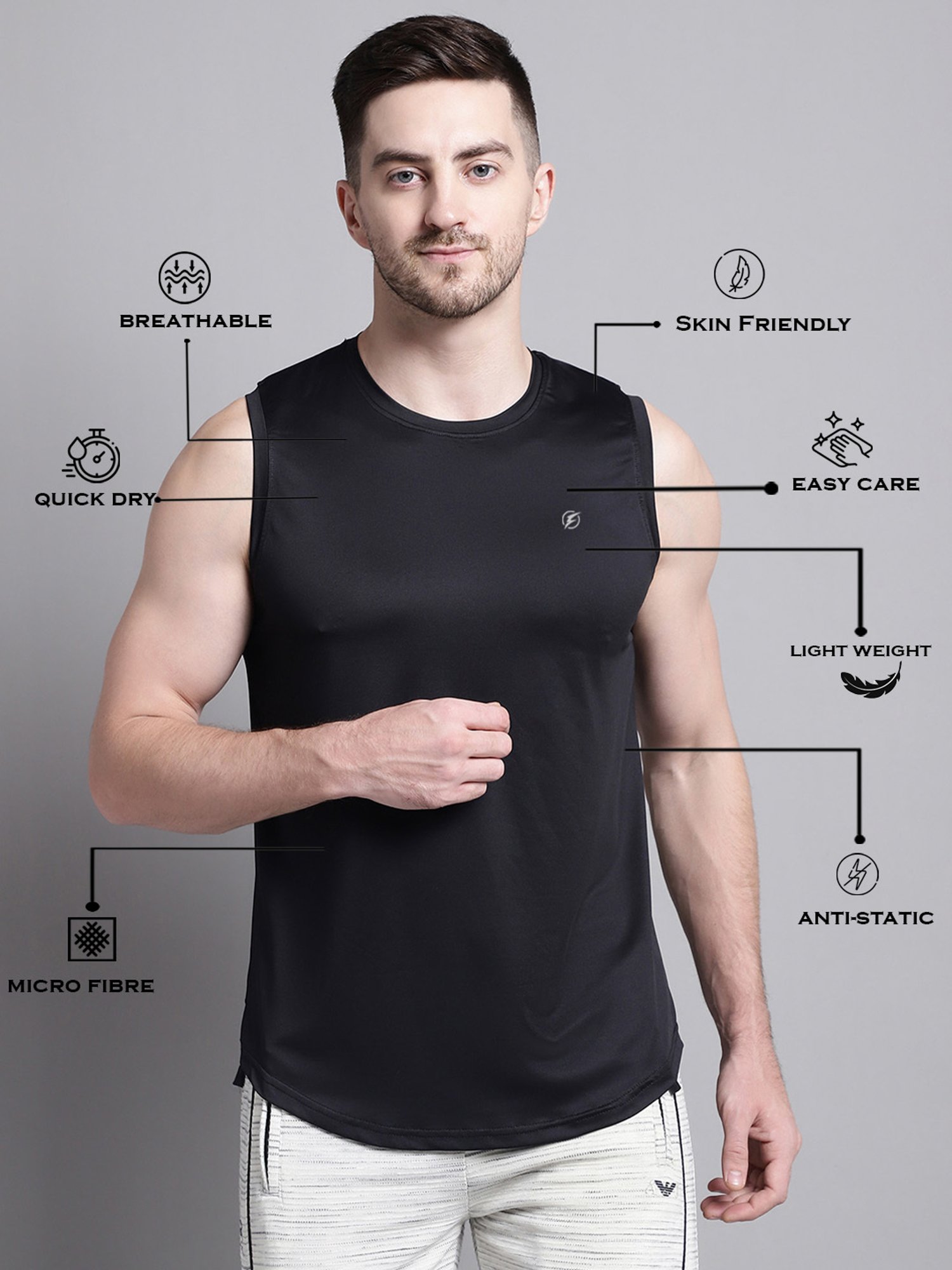 Friskers Black Regular Fit Graphic Sports Vest