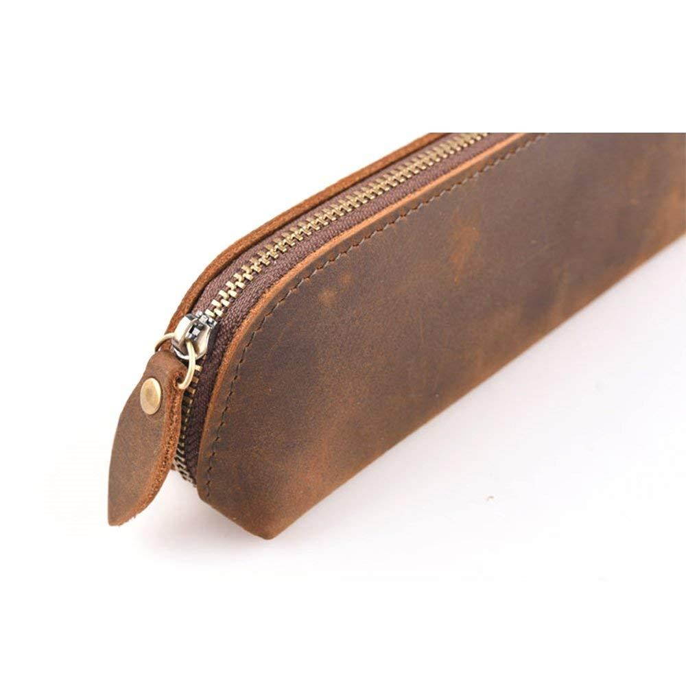 SAIBANG Vintage Leather Pencil Case with Zipper, Handmade Genuine Leather Stationery Art Supplies College Office Pencil Holder Pen Case Pouch Unisex