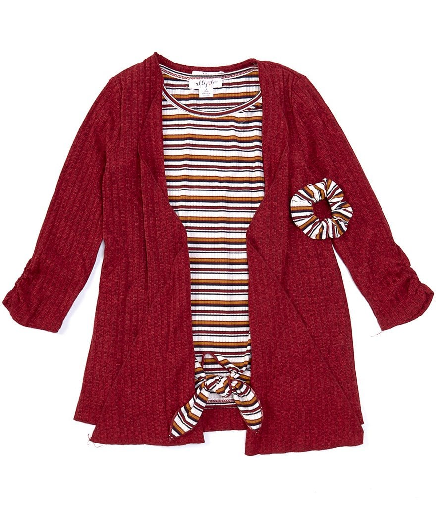 Ally B Big Girls 7-16 Short-Sleeve Stripe Tie-Front Top, Cardigan & Scrunchie Set