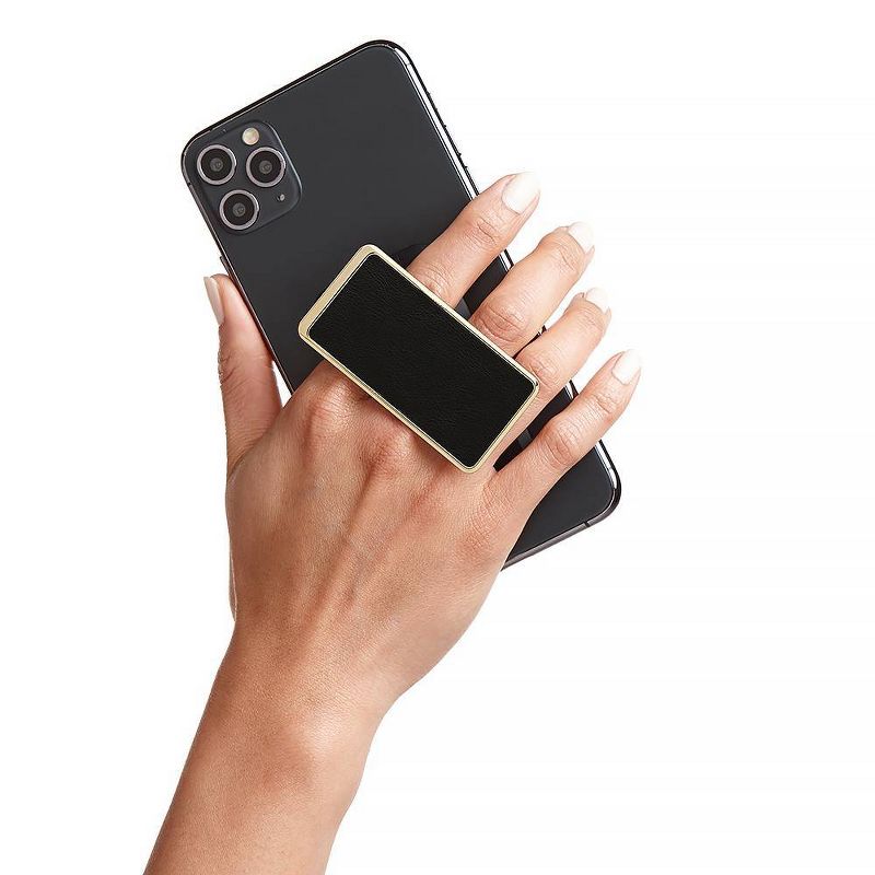 HANDLstick Phone Grip Smooth Leather Gold Trim - Black