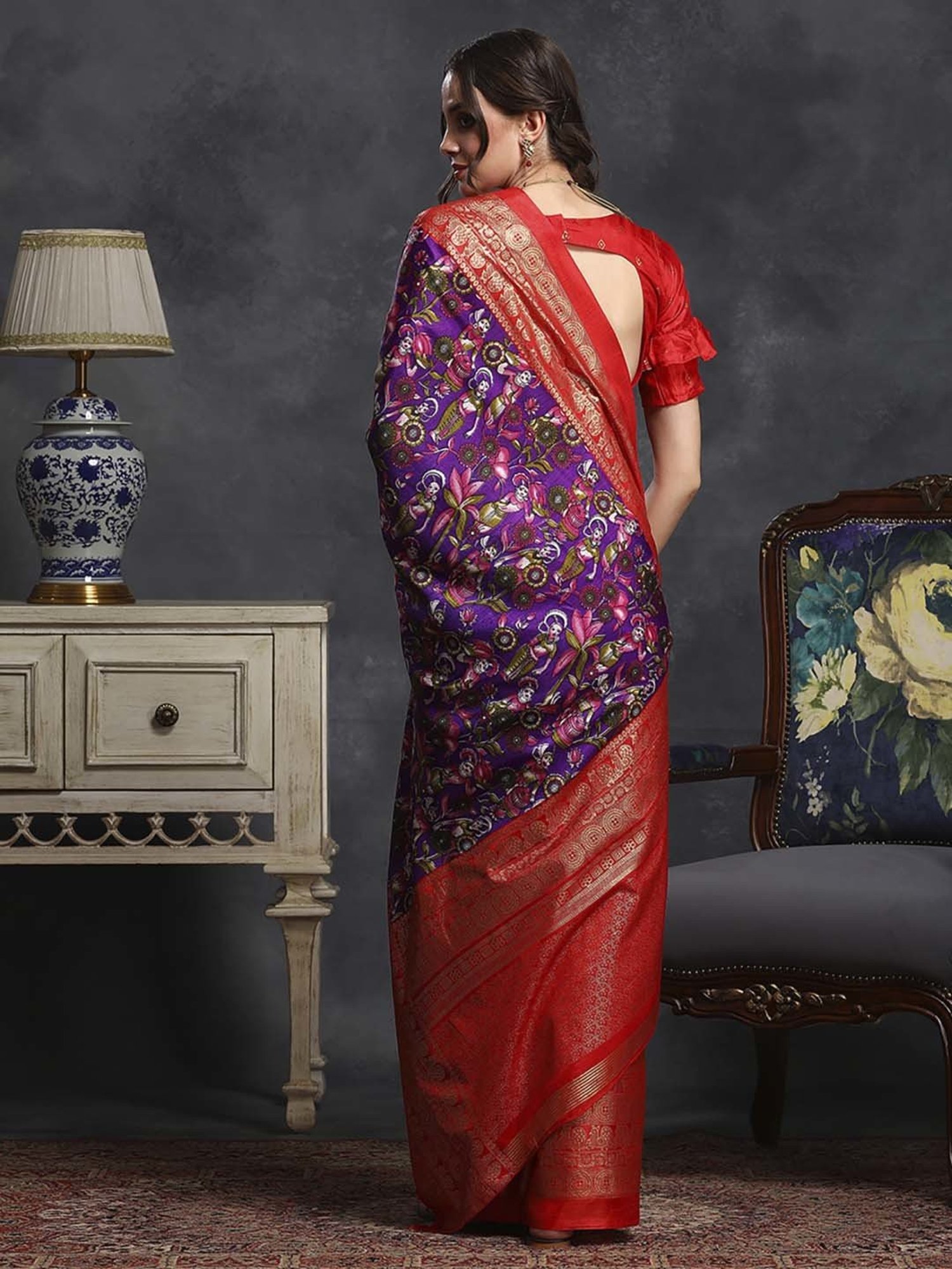 Saree Mall Purple & Red Silk Printed Saree With Unstitched Blouse