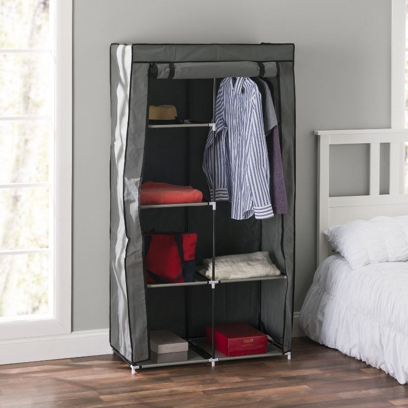 Home Basics 6 Tier Quick Set Up Portable Free-Standing Wardrobe Closet Organizer with Breathable Fabric Shelves and 43" Wide Steel Hanging Rod, Grey