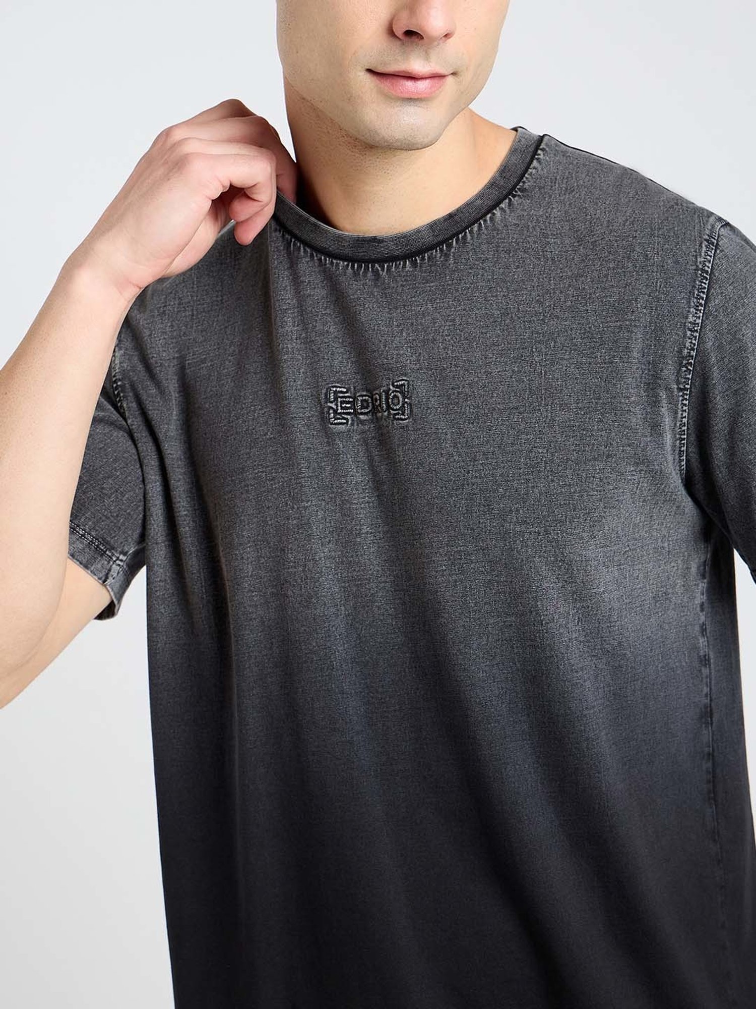 EDRIO Grey Regular Fit Self Design Crew T-Shirt