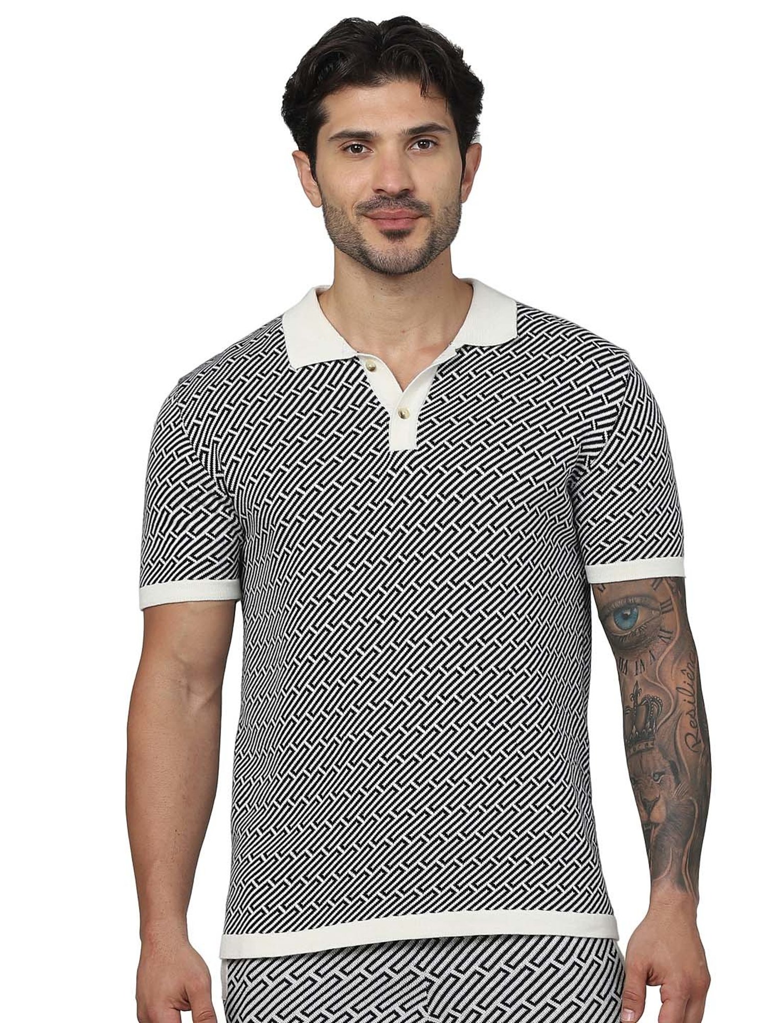 celio* Black & White Regular Fit Self Design Cotton Polo T-Shirt