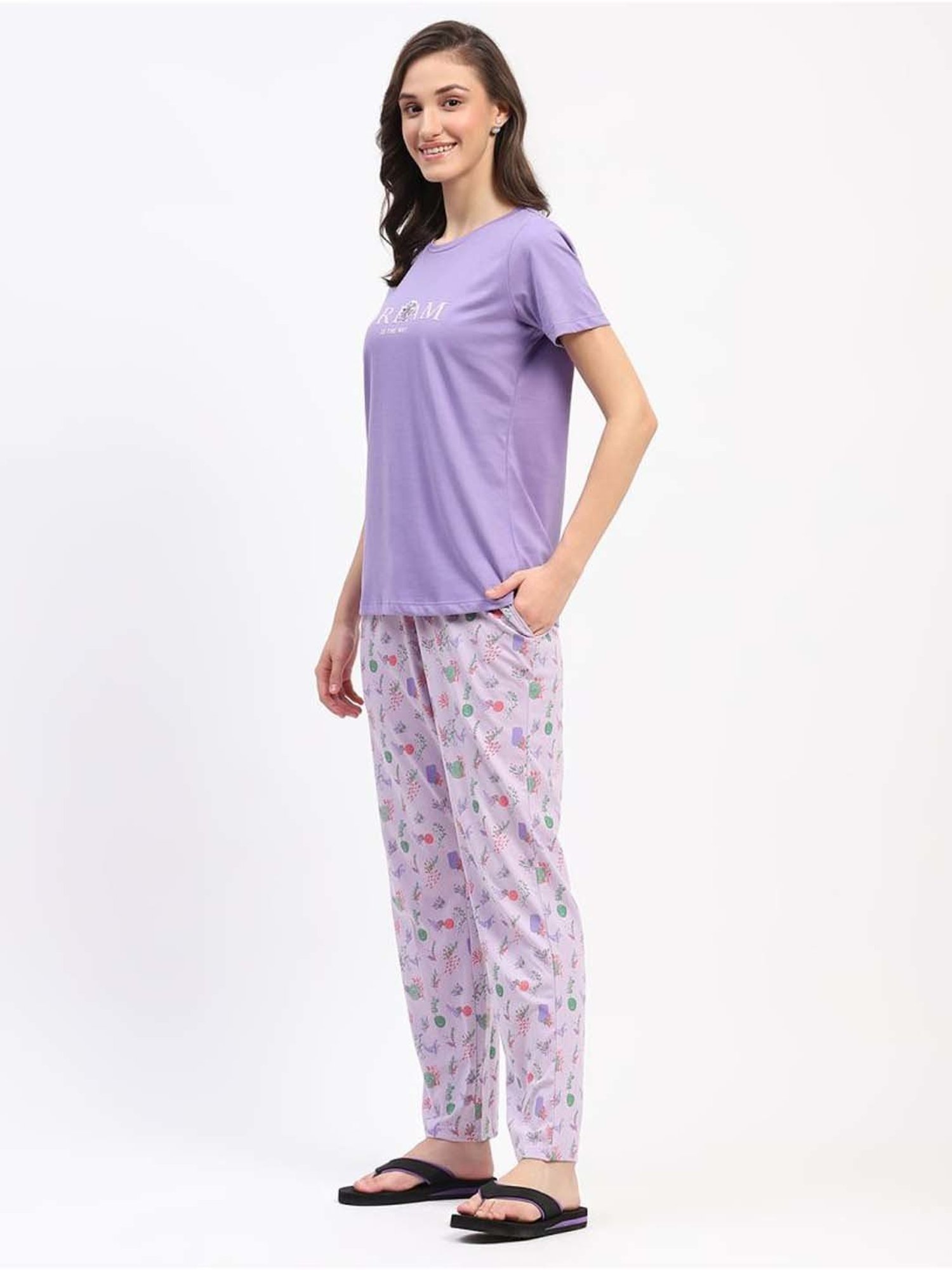 MADAME M Secret Purple Cotton Printed T-Shirt Pyjamas Set