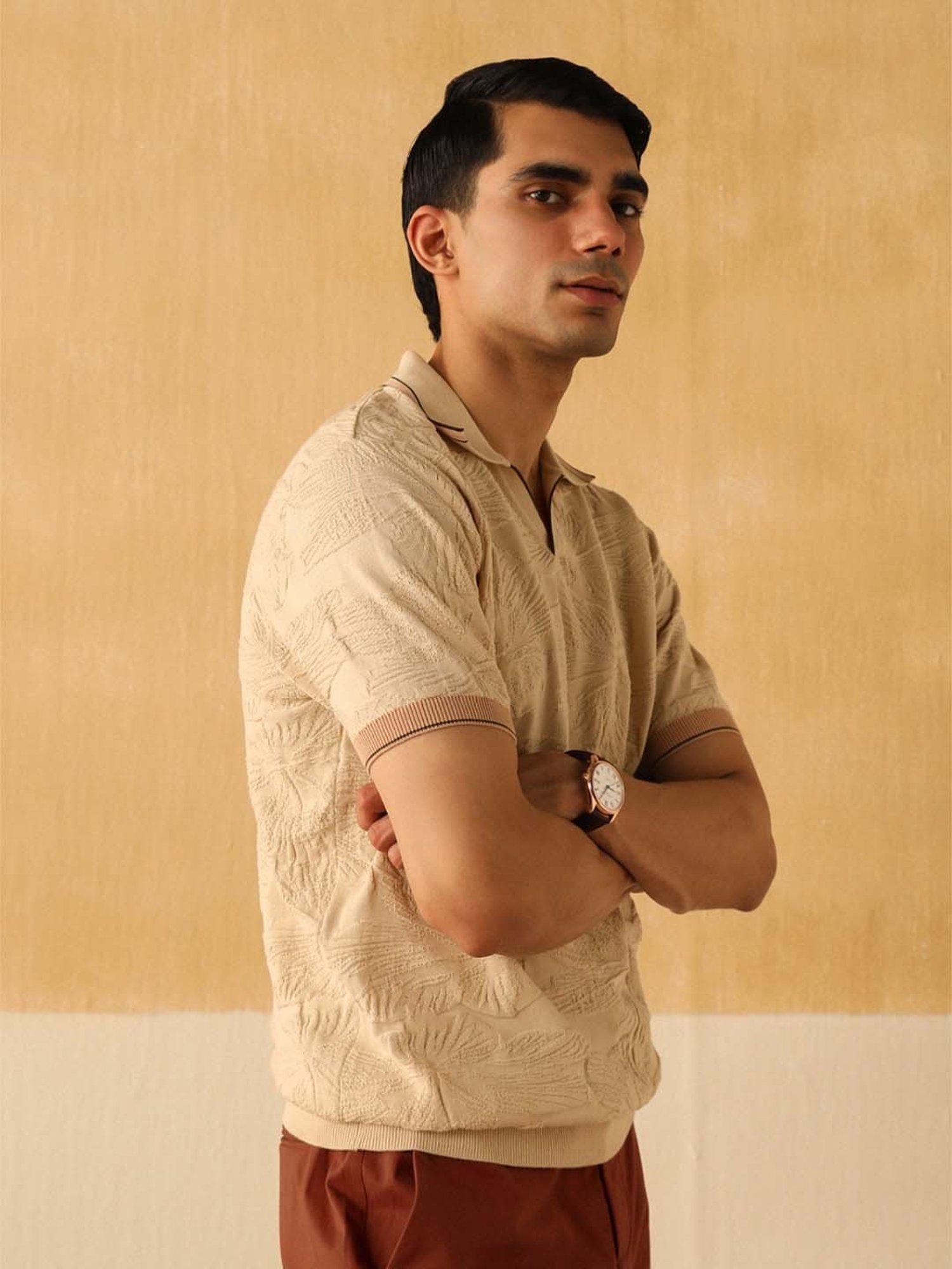 Andamen Off White Cotton Regular Fit Self Pattern Polo T-Shirt