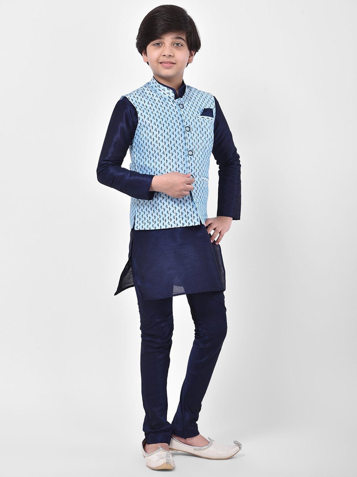 Deyann Kids Blue Printed Full Sleeves Kurta, Churidar Pants with Nehru Jacket