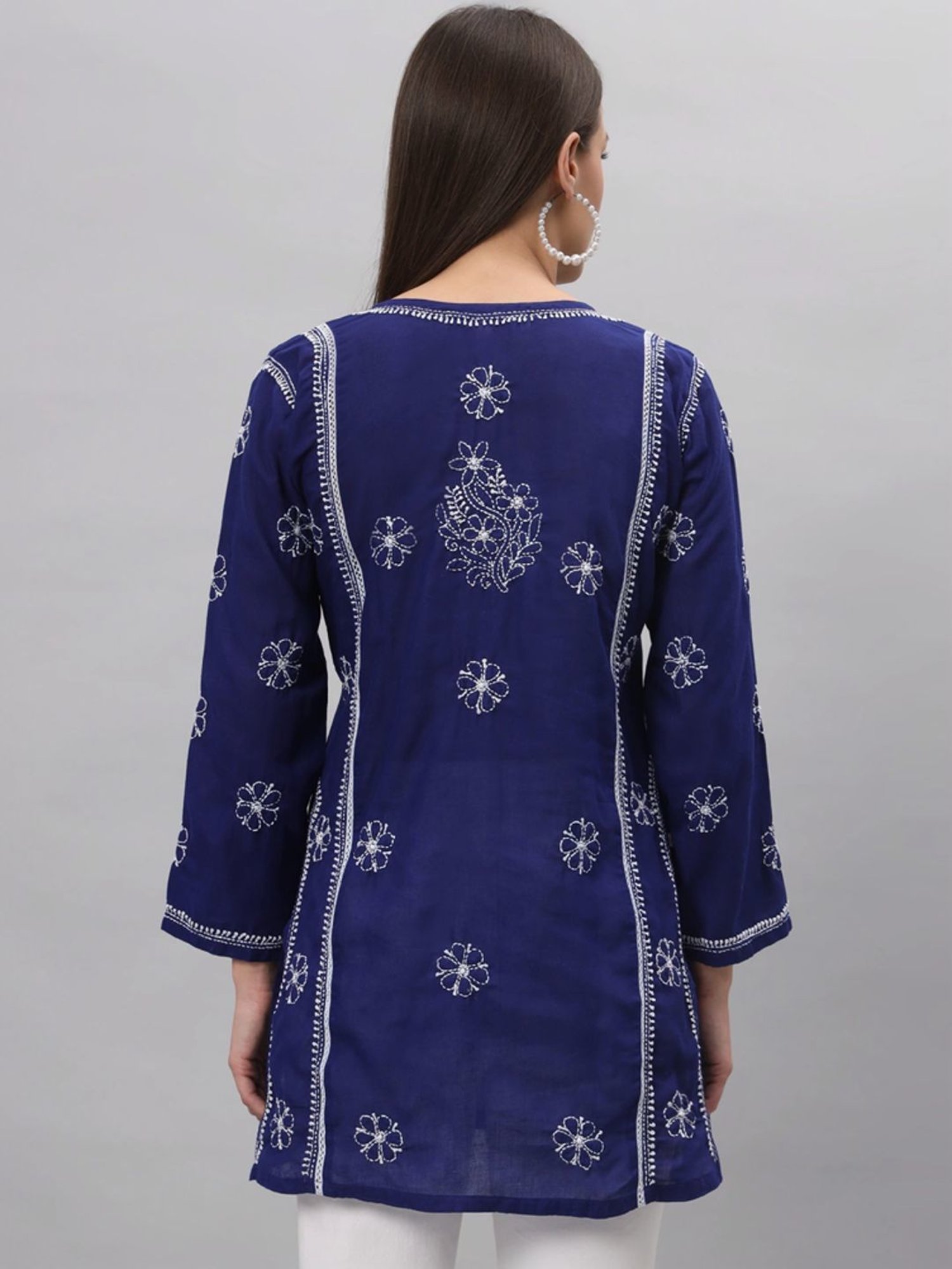 PARAMOUNT CHIKAN Royal Blue Cotton Hand Embroidered Chikankari Straight Kurti