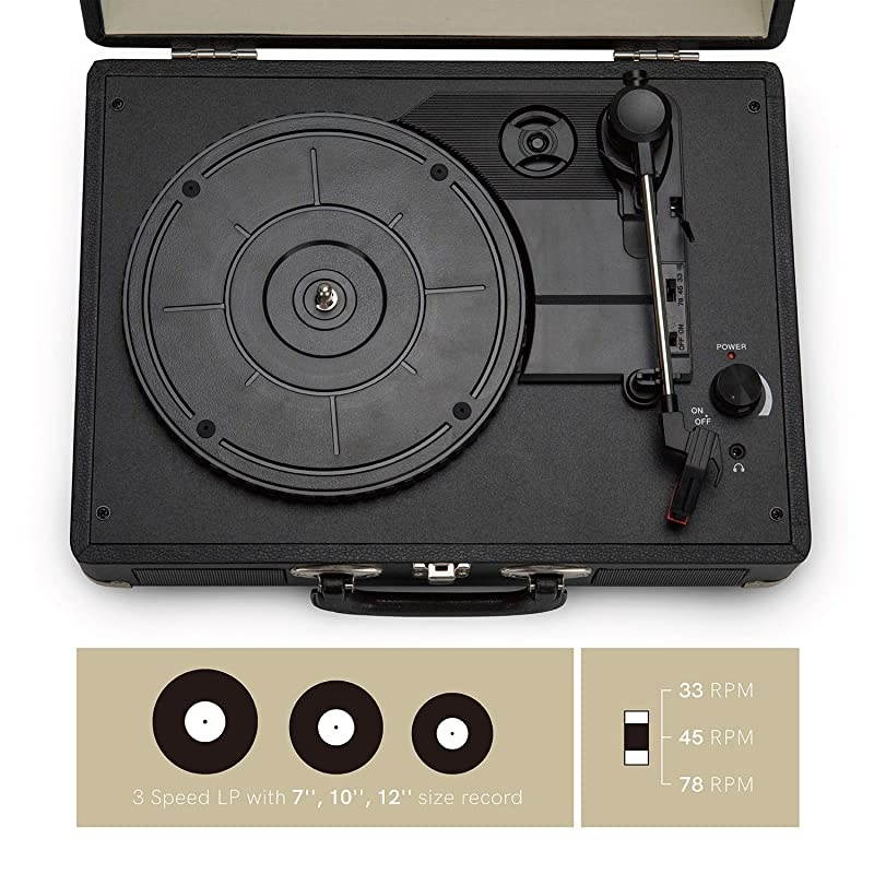 Vinyl Record Player, 3 Speed Turntable Bluetooth Record Player with 2 Built in Stereo Speakers, Replacement Needle, Supports RCA Line Out, AUX in, Portable Vintage Suitcase