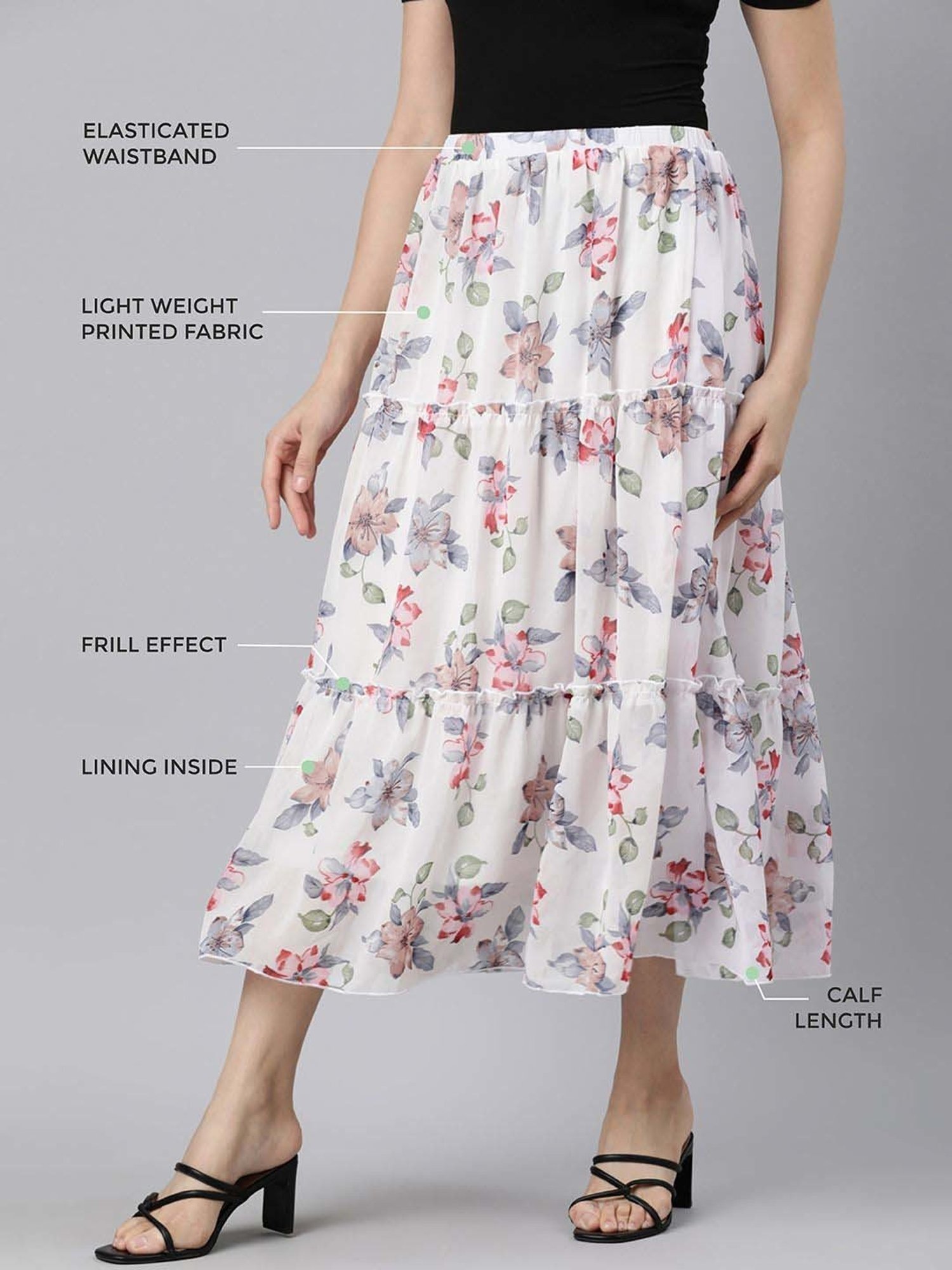 TWIN BIRDS White Floral Print A-Line Skirt
