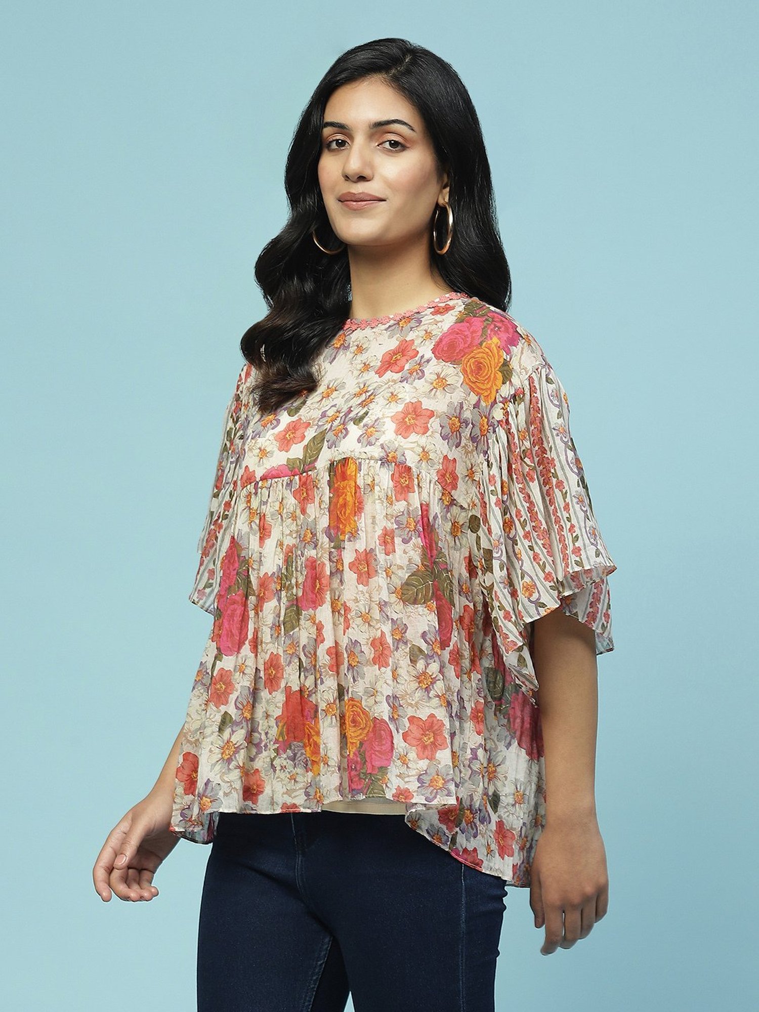 aarke Ritu Kumar Off White Floral Print Top With Camisole