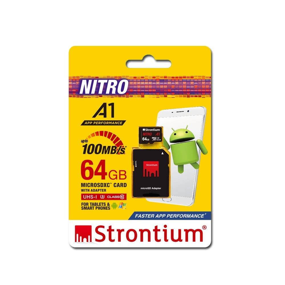 Strontium Nitro 64GB Micro SDXC Memory Card 100MB/s A1 UHS-I U3 Class 10 w/Adapter High Speed for Smartphones Tablets Drones Action Cams (SRN64GTFU3A1A)