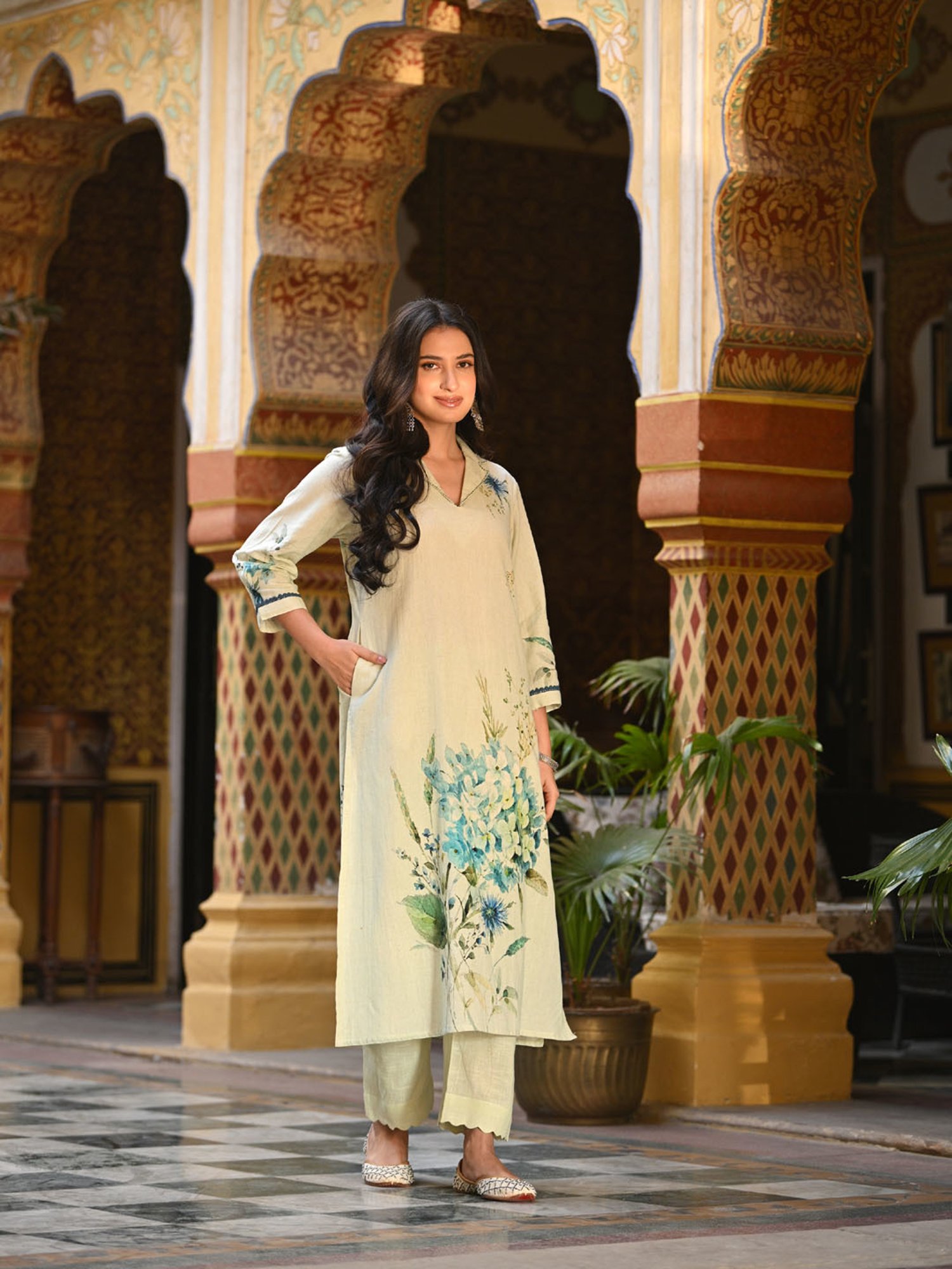 Mahee Jaipur Linen Cotton Aqua Blue floral Placement Print Kurta Set