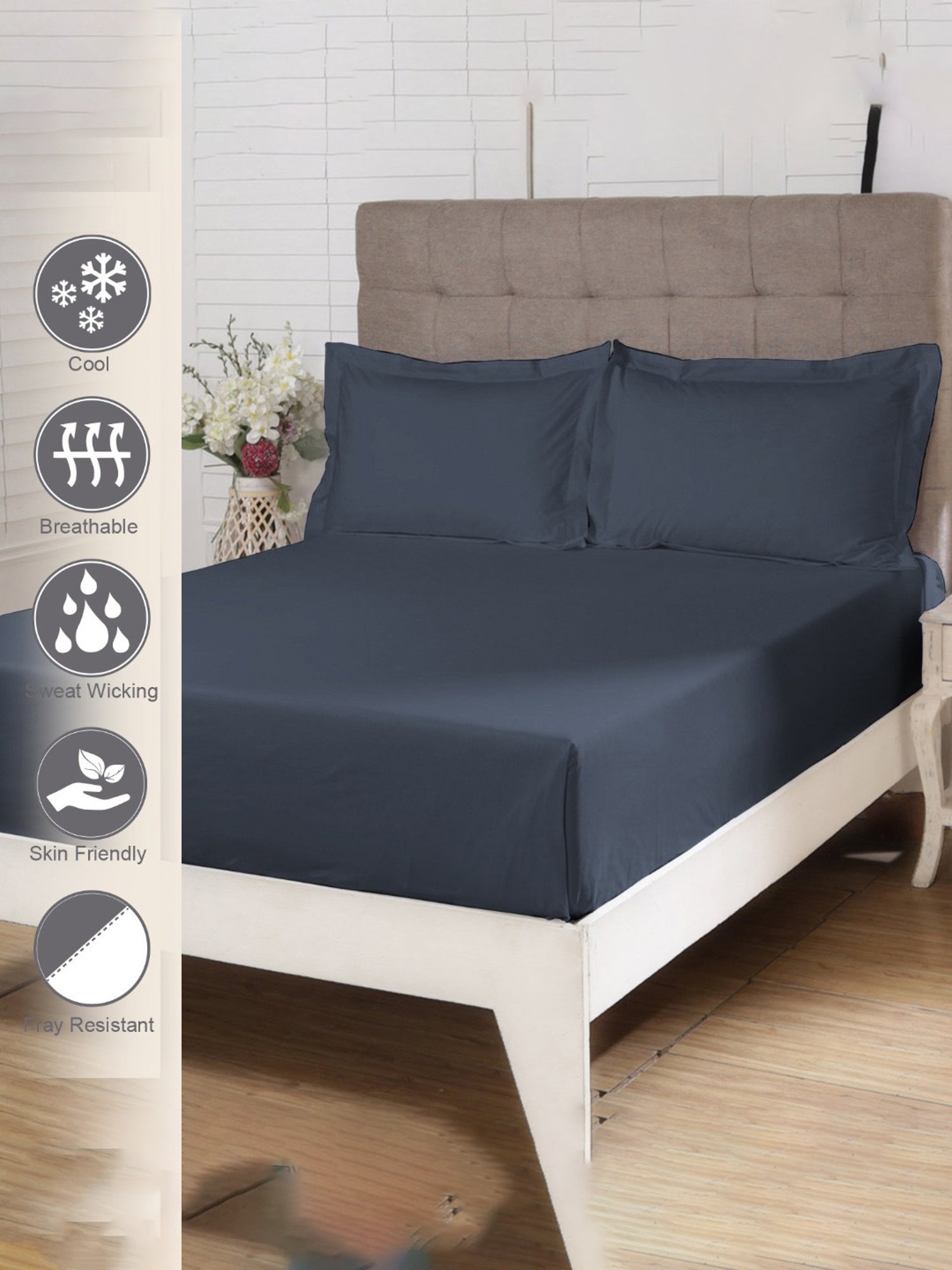 Pizuna Dark Blue 400 TC Cotton King Bed Sheet with 2 Pillow Covers