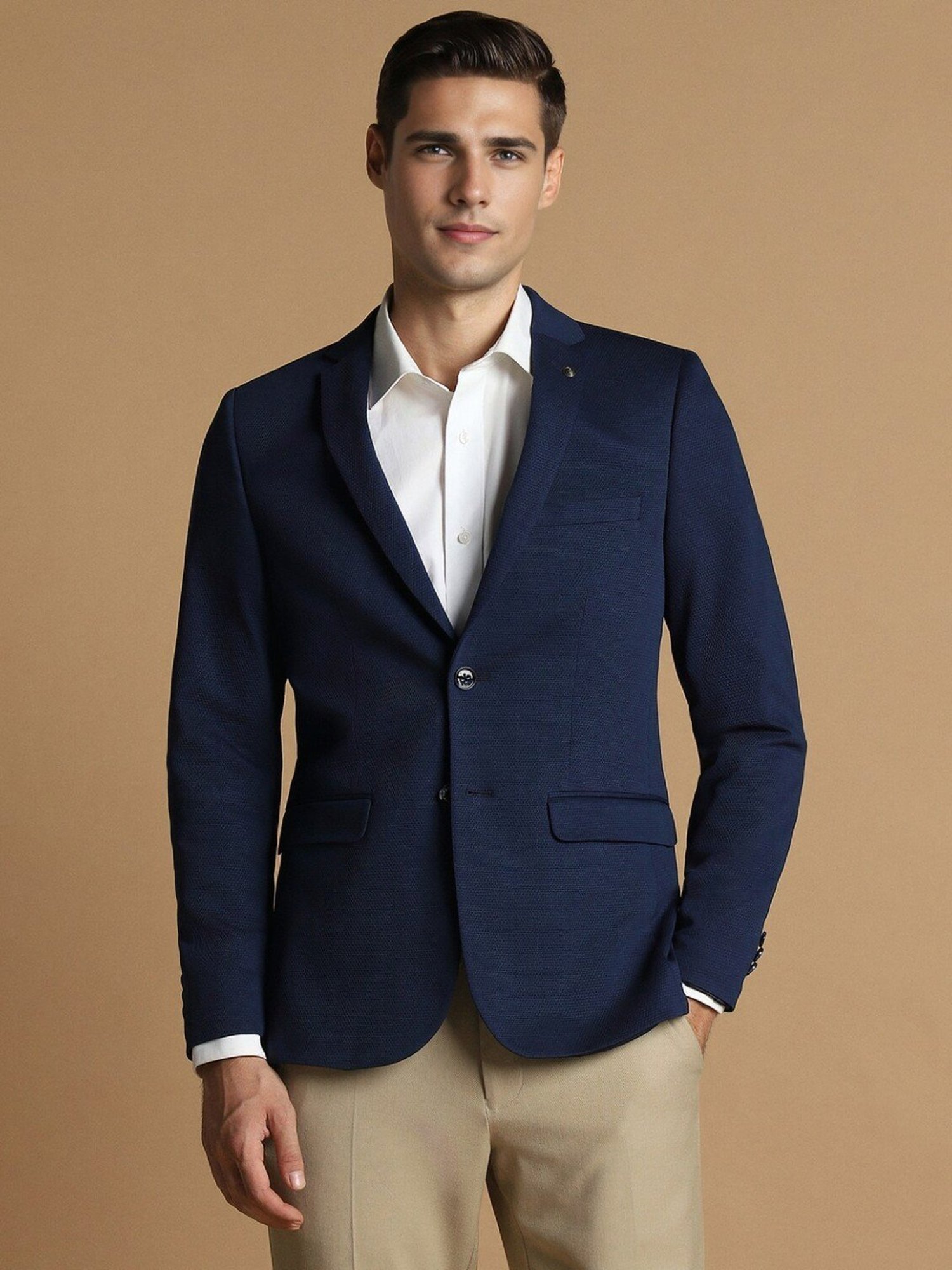 Allen Solly Navy Cotton Slim Fit Textured Blazer