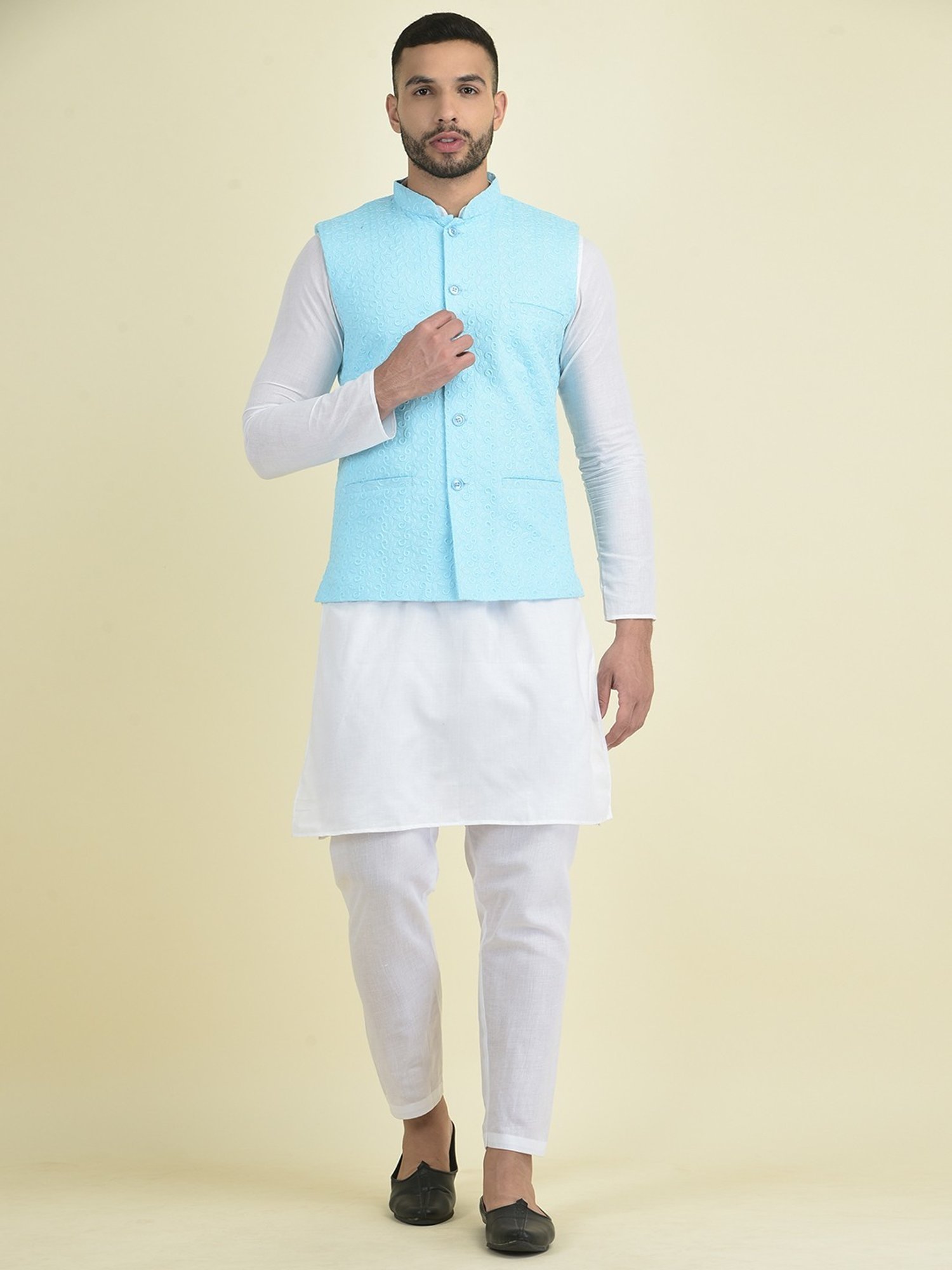 Deyann Blue & White Cotton Regular Fit Embroidered Kurta Set With Jacket