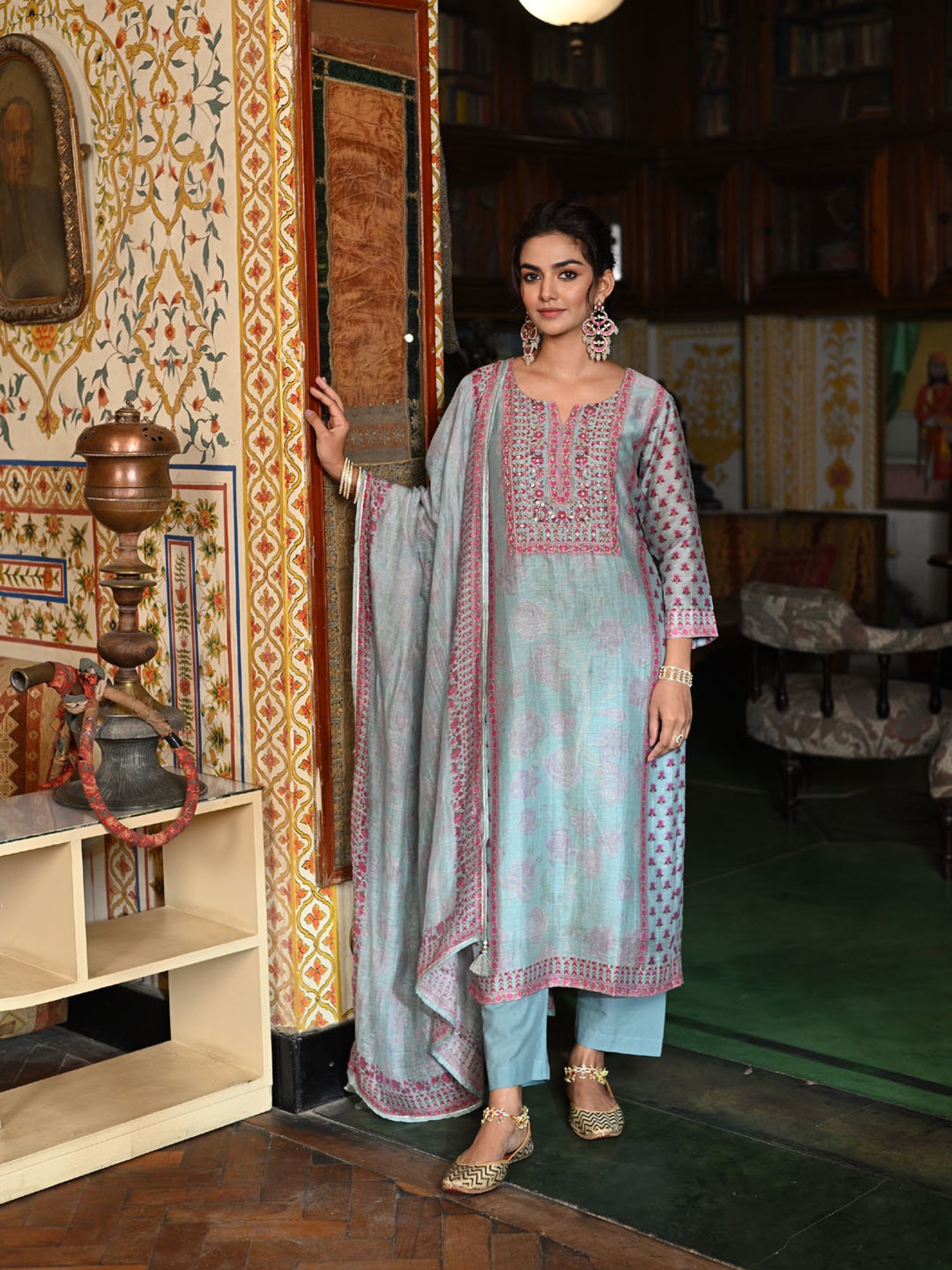 Mahee Jaipur Blue Ikhtiyar Block Print Chanderi Suit