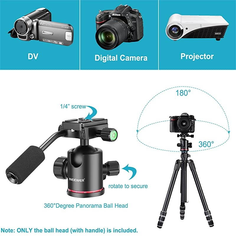 Heavy Duty Camera Tripod Ball Head with Handle and 1/4 inch Quick Shoe Plate, 360 Degree Panoramic Head for Tripod, Monopod, Slider, DSLR Camera, Camcorder, Load up to 17.6 pounds/8 kilograms
