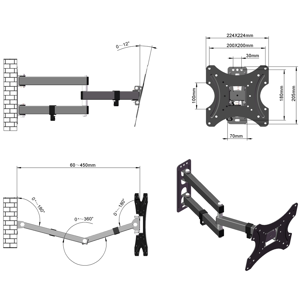 LEADZM 26-55" Adjustable Wall Mount Bracket Rotatable TV Stand TMX200 with Spirit Level