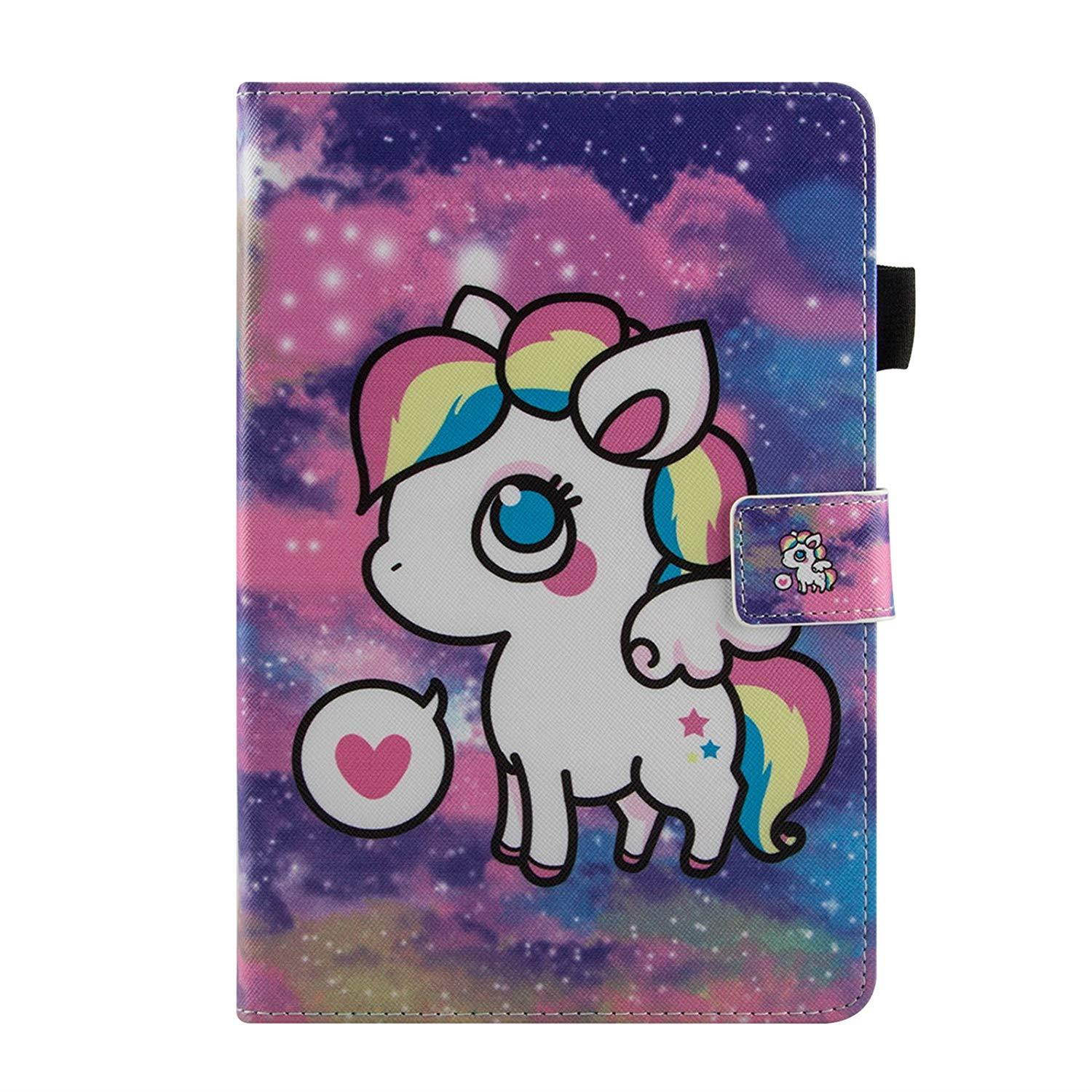 Universal Case for 6.5-7.5 inch Tablet, Dteck Slim Light PU Leather Protective Case with Card Slots Cute Cartoon Flip Stand Wallet Cover for All 6.5-7.5 inch iPad Android Windows Tablet,Purple Pony