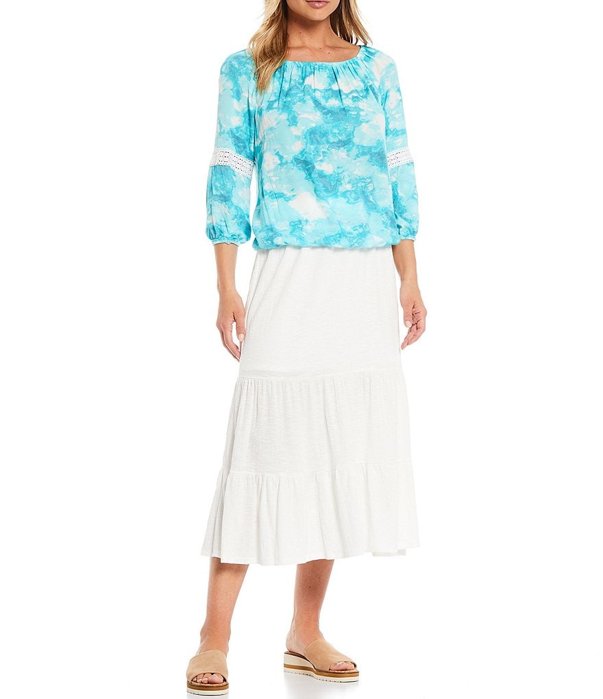 I.N. Studio Tie Dye Scoop Neck Crochet Trim 3/4 Sleeve Elastic Hem Top