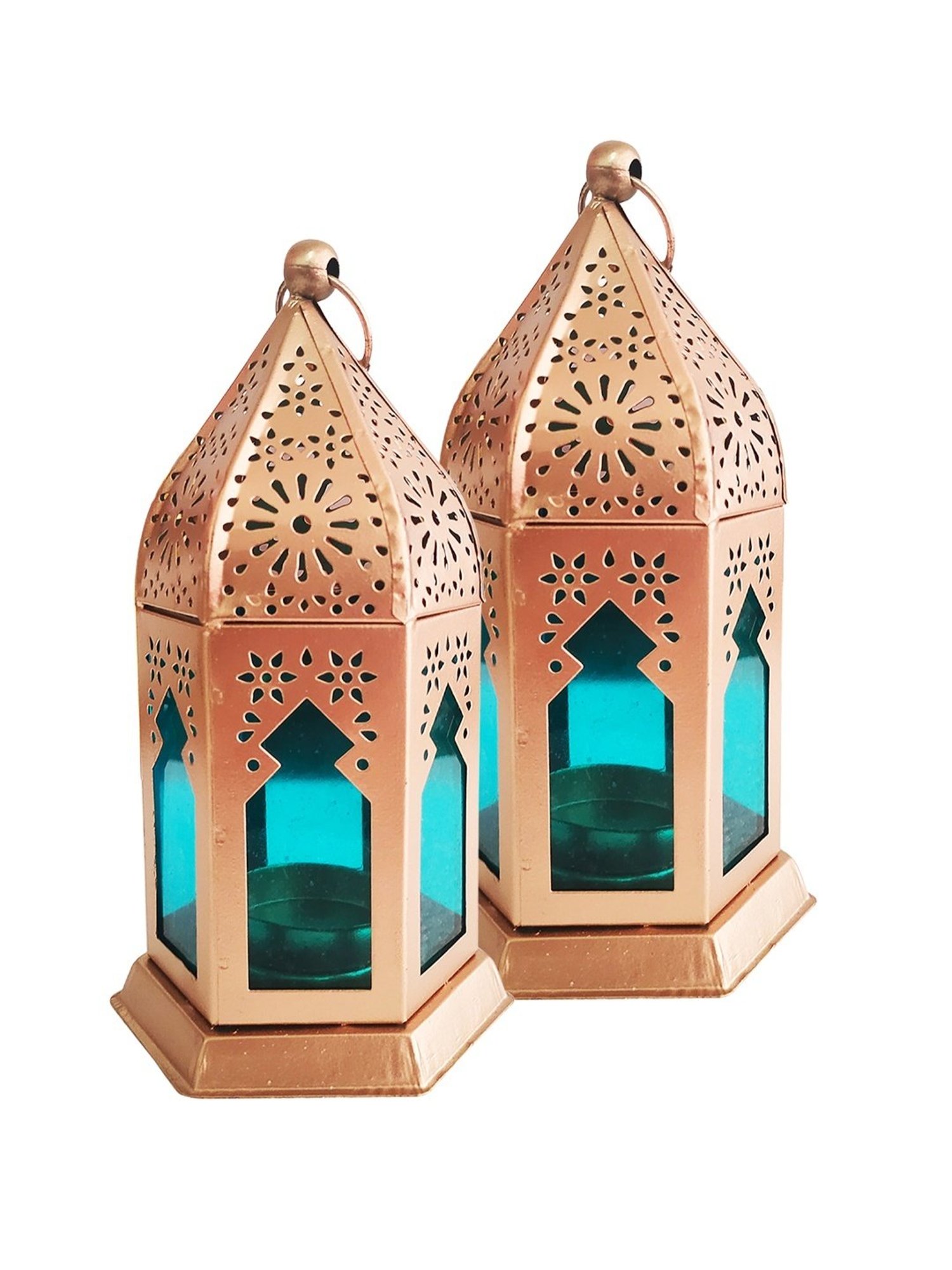Homesake Antique Blue Metal Moroccan Lantern Candle Holder - Set of 2