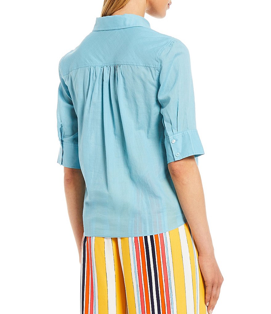 Trina Turk Makana Solid Cotton Short Sleeve Button Down Tie-Front Top