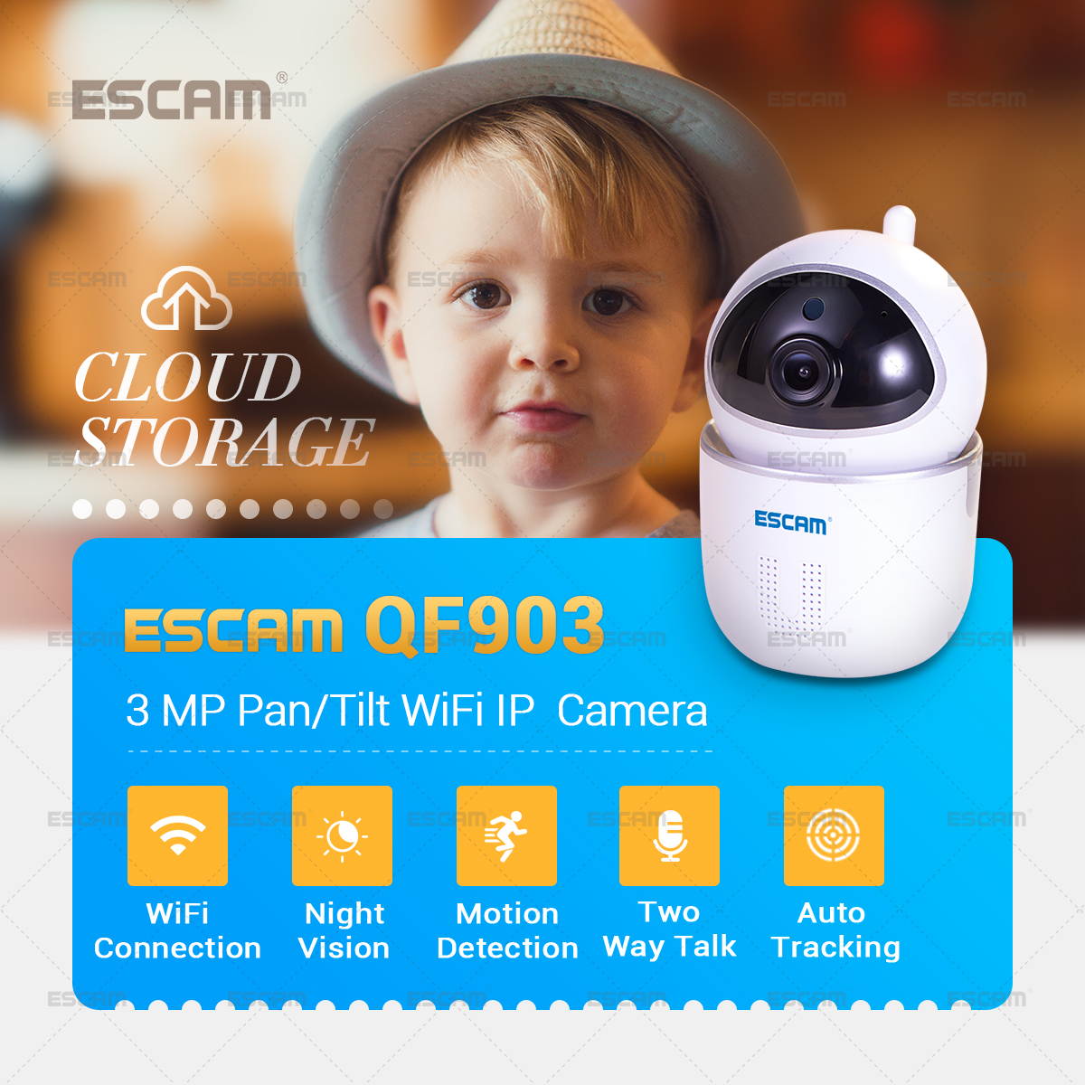 ESCAM QF903 WiFi IP Camera Night Vision Infrared PTZ Network Camera 3.6mm Lens / Support TF Card / Cloud Storage 3MP P2P