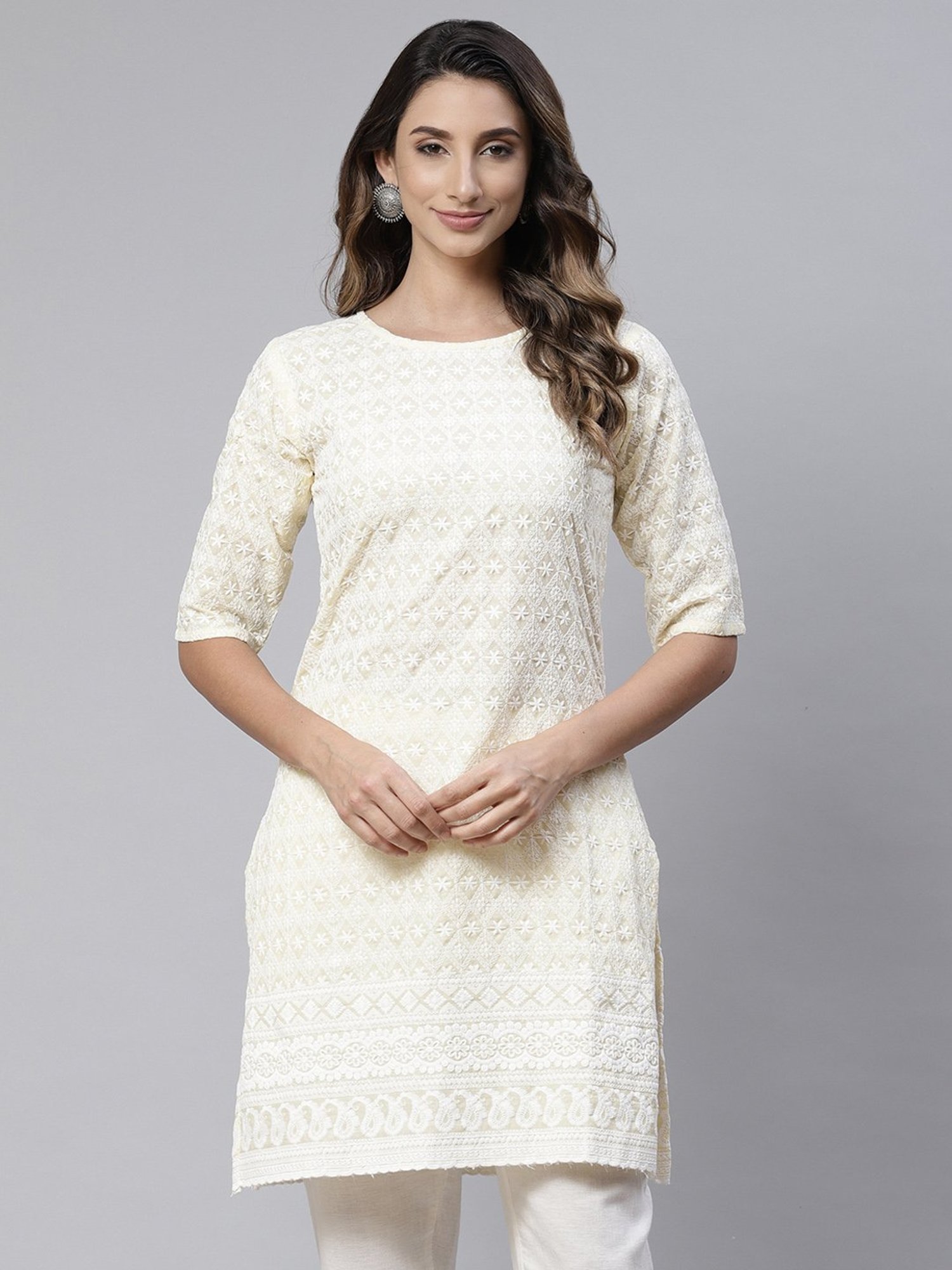 SWAGG INDIA Cream Cotton Embroidered Straight Kurti