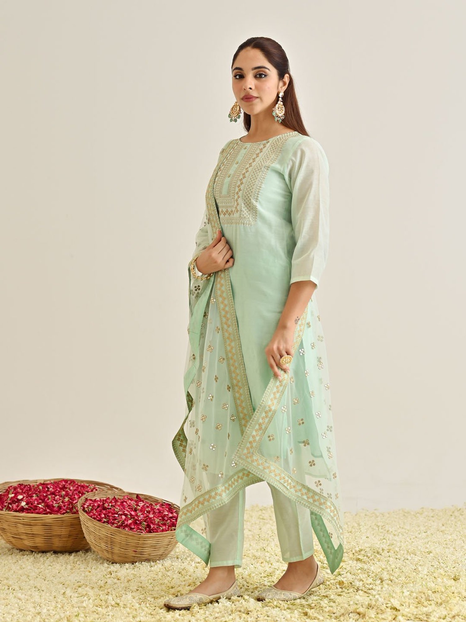 Rustorange Mint Green Embroidered Kurta With Pant & Dupatta