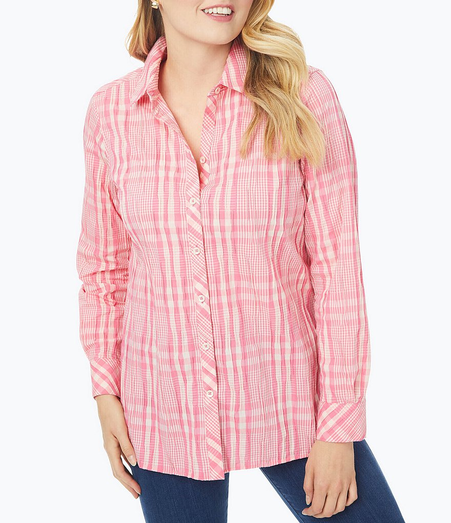 Foxcroft Plus Size Journey Point Collar Long Sleeve Plaid Button Front Shirt
