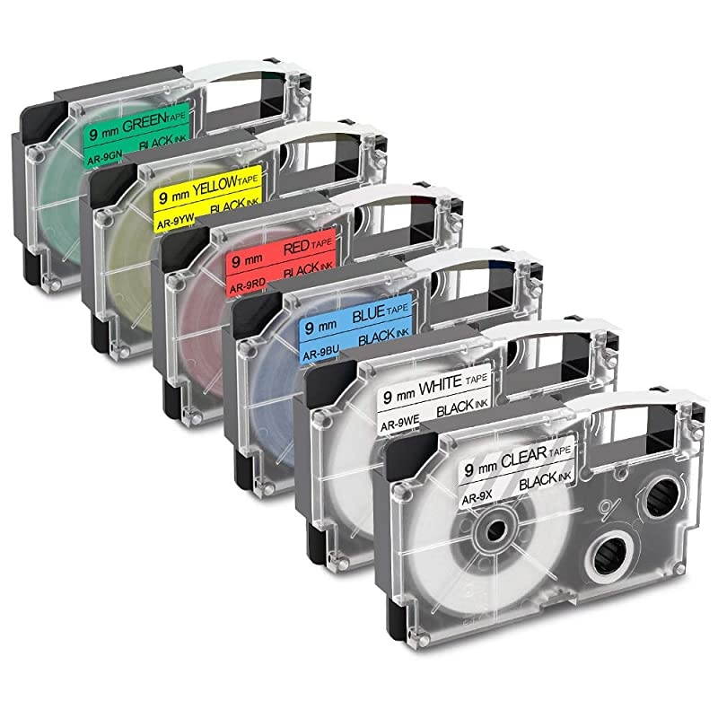 Compatible Label Tape Replacement for Casio XR-9WE2S XR-9WE 9mm Black on White Label Maker Tape Compatible with Casio KL-100 KL-120 KL-750 KL-7000 Label Maker, 5 Pack
