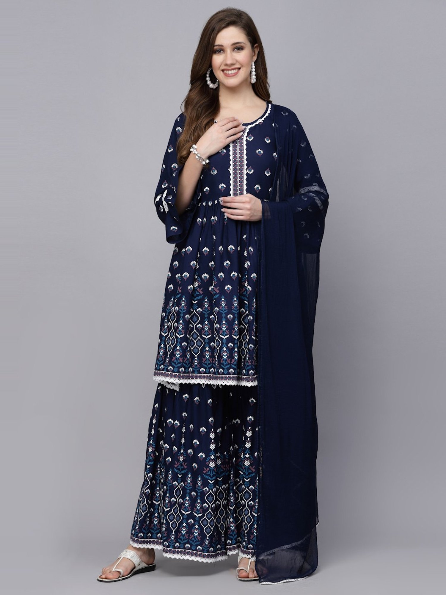 Stylum Navy Printed Kurti Sharara Set With Dupatta