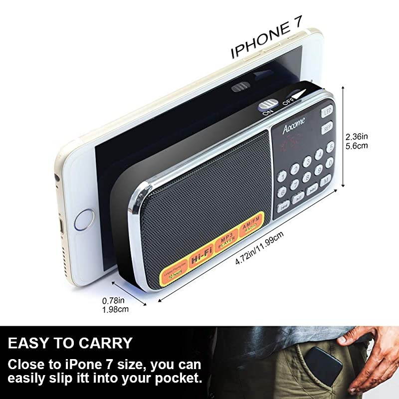 Mini Radio Portable AMFM  Rechargeable Radio High Powered Speaker Music Player Support Micro SDTF Auto Scan Save USB Transmit Data LED Display and Headphone Jack Function BM8 Black