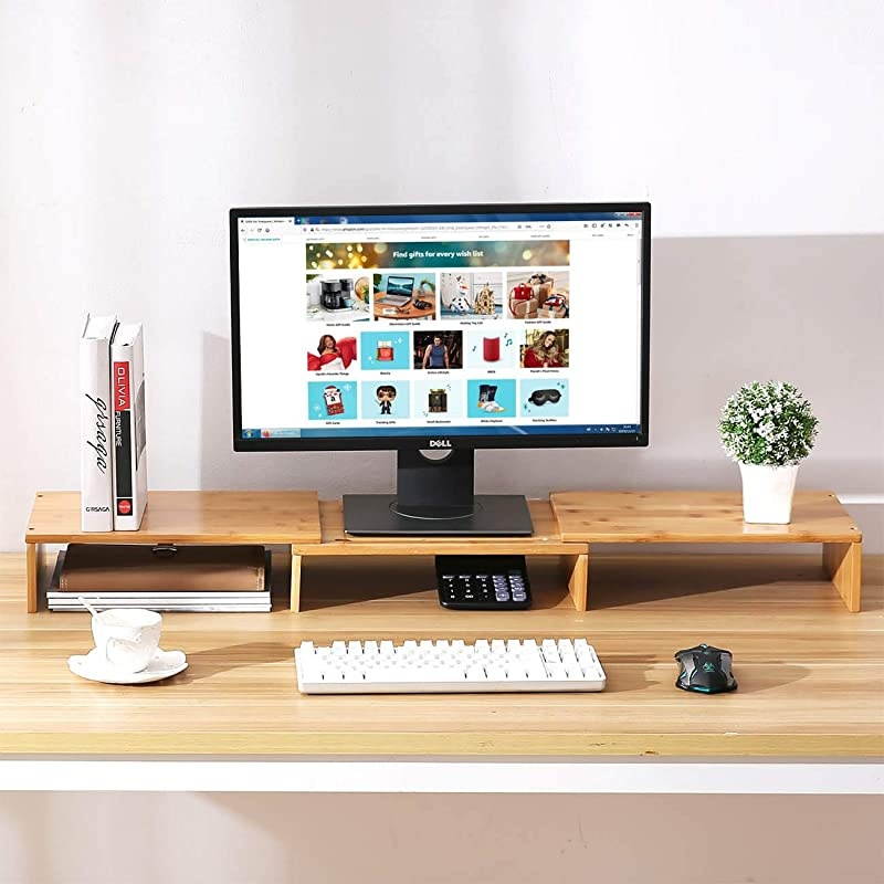 Bamboo Dual Monitor Stand Riser with Length and Angle Adjustable 3 Shelf Multifunctional Screen Desktop Organizer for Laptop Computer TV PC Printer Multi Media SpeakerBurlywood