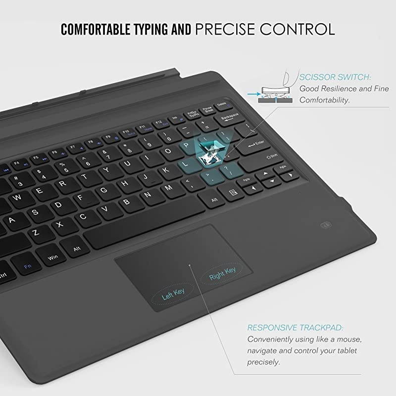 Type Cover Fits Microsoft Surface Pro 7 Plus/Pro 7 / Pro 6 / Pro 5 / Pro 4 /Pro 3, Lightweight Slim Wireless Bluetooth Keyboard with Two Button Trackpad and Built-in Rechargeable Battery, Gray