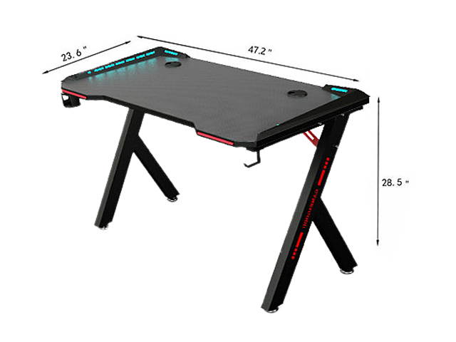47inch Gaming Desk-game computer desk with LED lighting, cup holderand Headphone Hook,Black