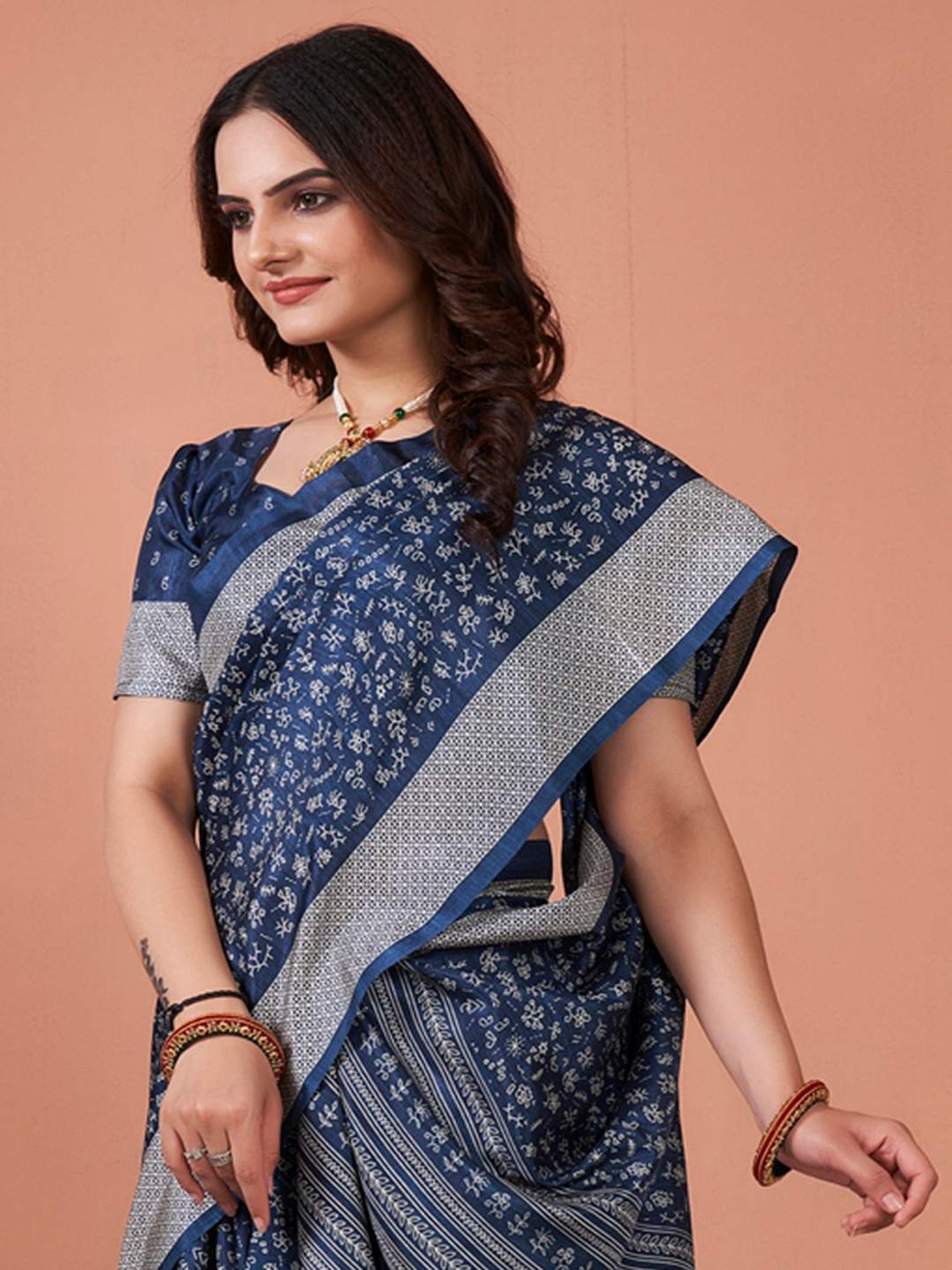 Saree Mall Navy Silk Printed Saree With Unstitched Blouse